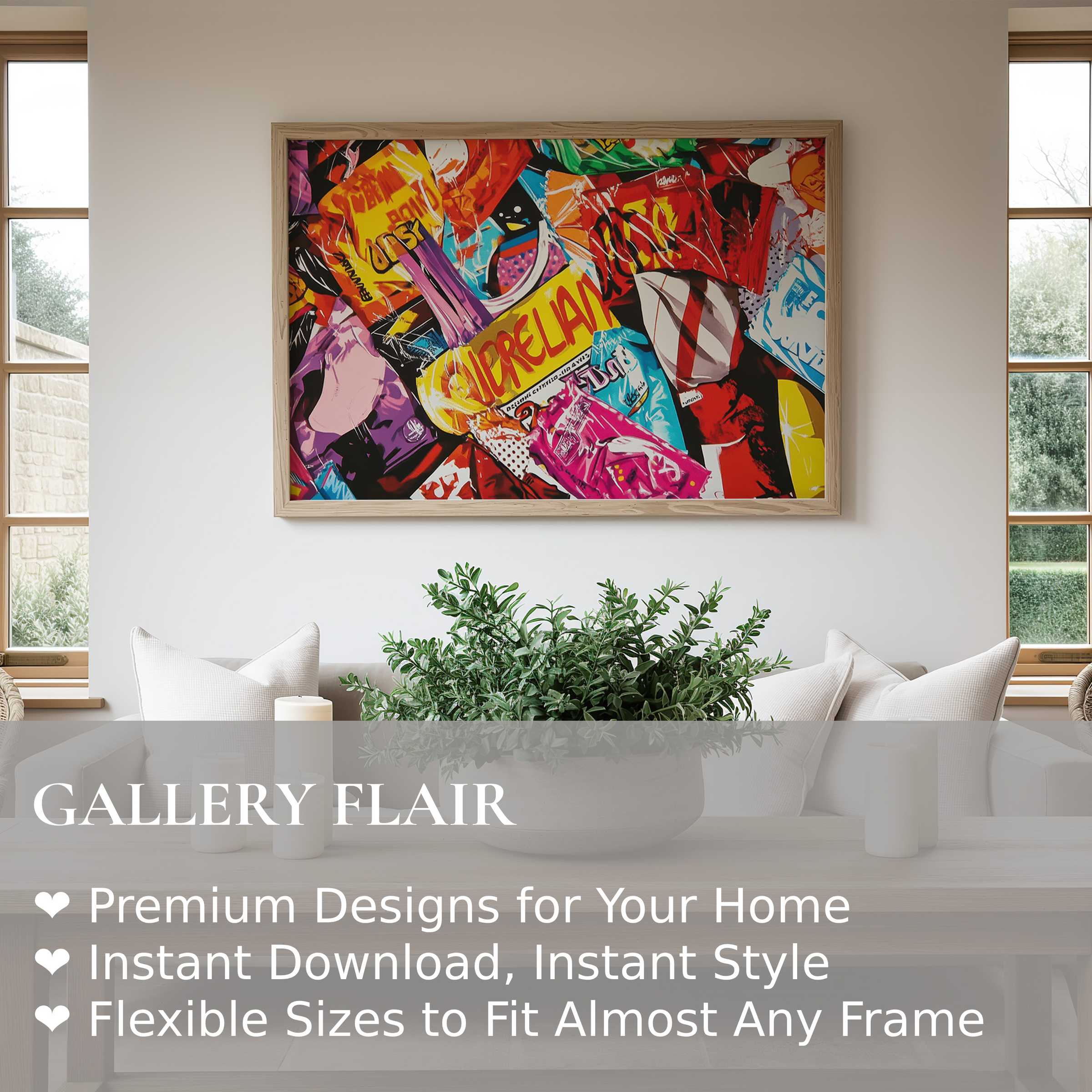 Vibrant pop art wall art print bursting with bold colors and dynamic patterns, elevating modern minimalist interiors with edgy, radiant energy