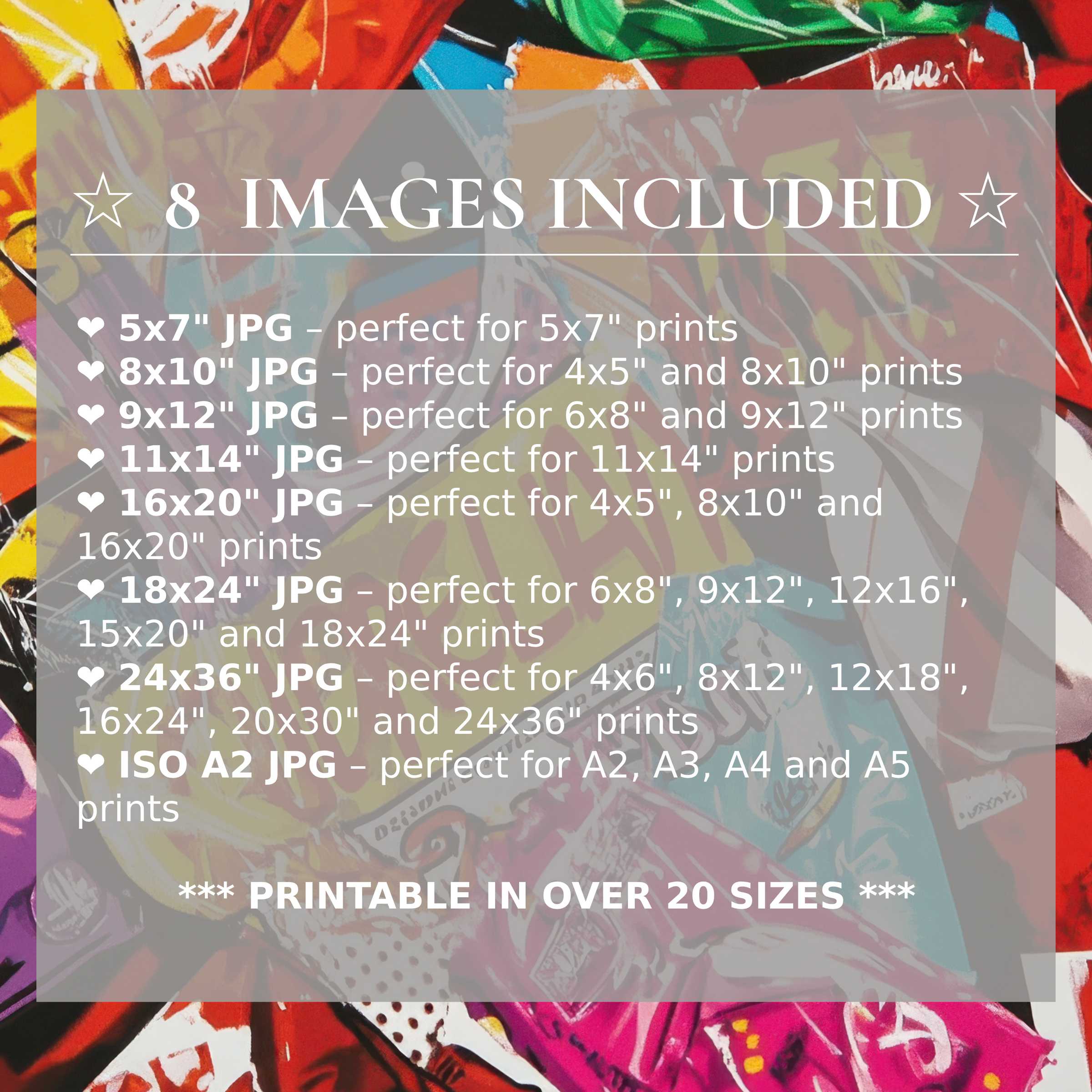 Vibrant pop art digital print in bold reds, greens, and blues, offering 8 high-quality sizes included to elevate modern interiors with striking versatility and style
