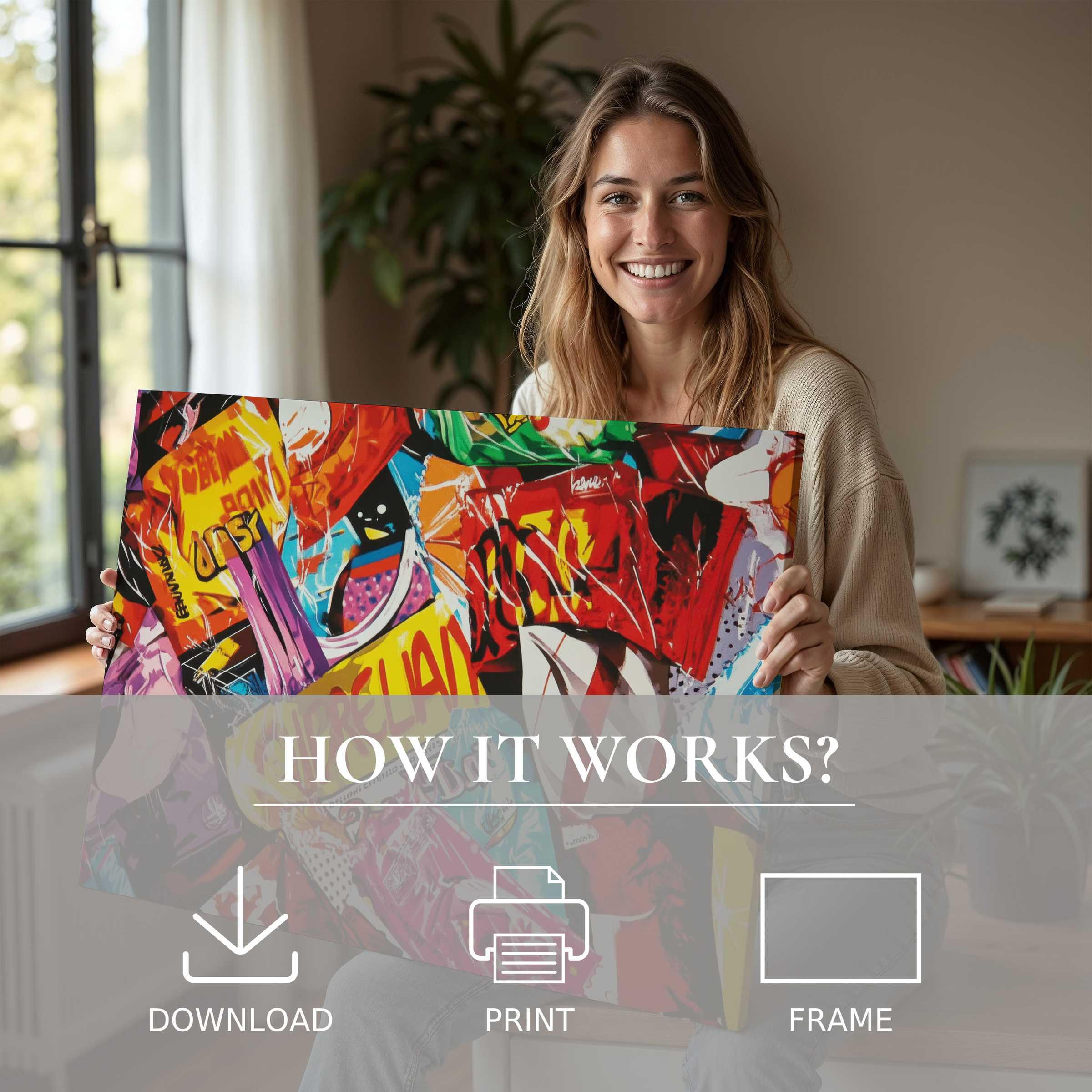 Contemporary pop art digital art print brightens a serene, modern home, embodying joy and effortless style elevation