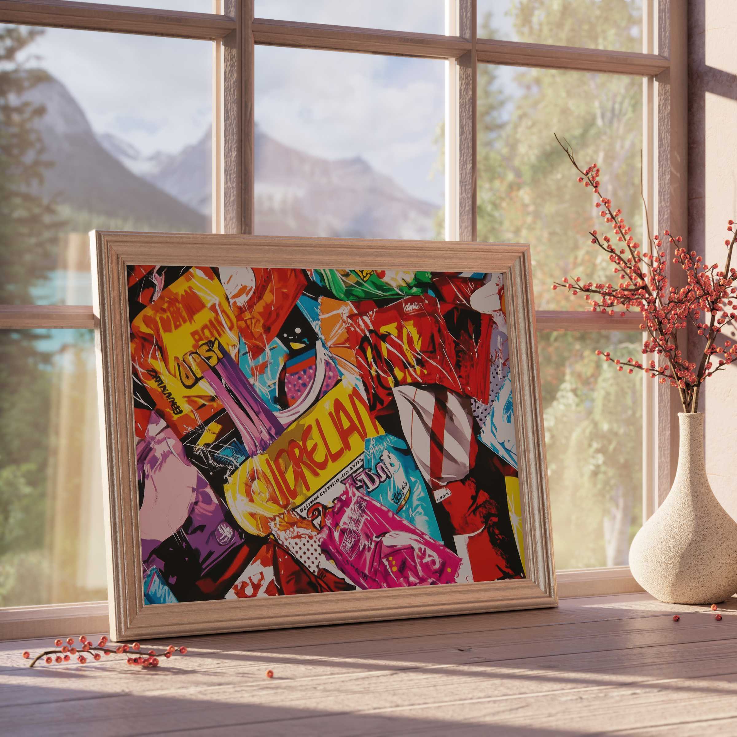 Vibrant pop art downloadable art in a sleek natural frame, energizing curated interiors with bold color and dynamic urban flair
