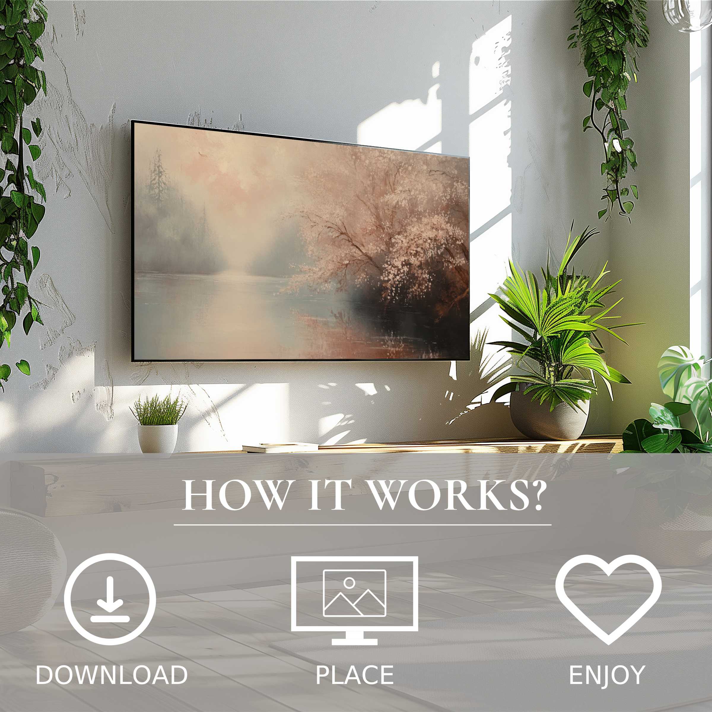 Modern living room with landscape art for Samsung TV, soft sunset tones, easy digital download enriches space