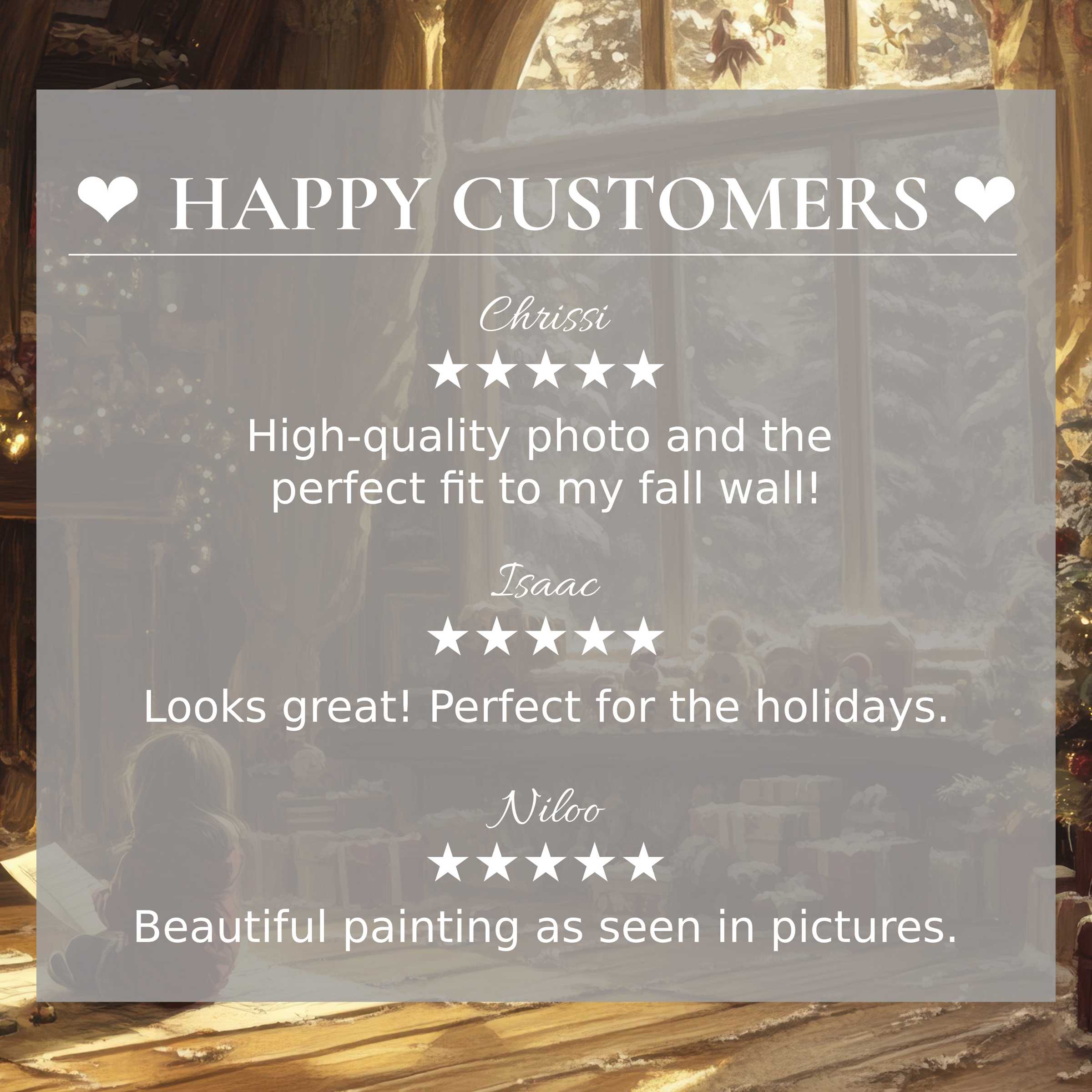 Elegant christmas art for Frame TV with warm, vintage window scene background, showcasing happy customer reviews to build trust