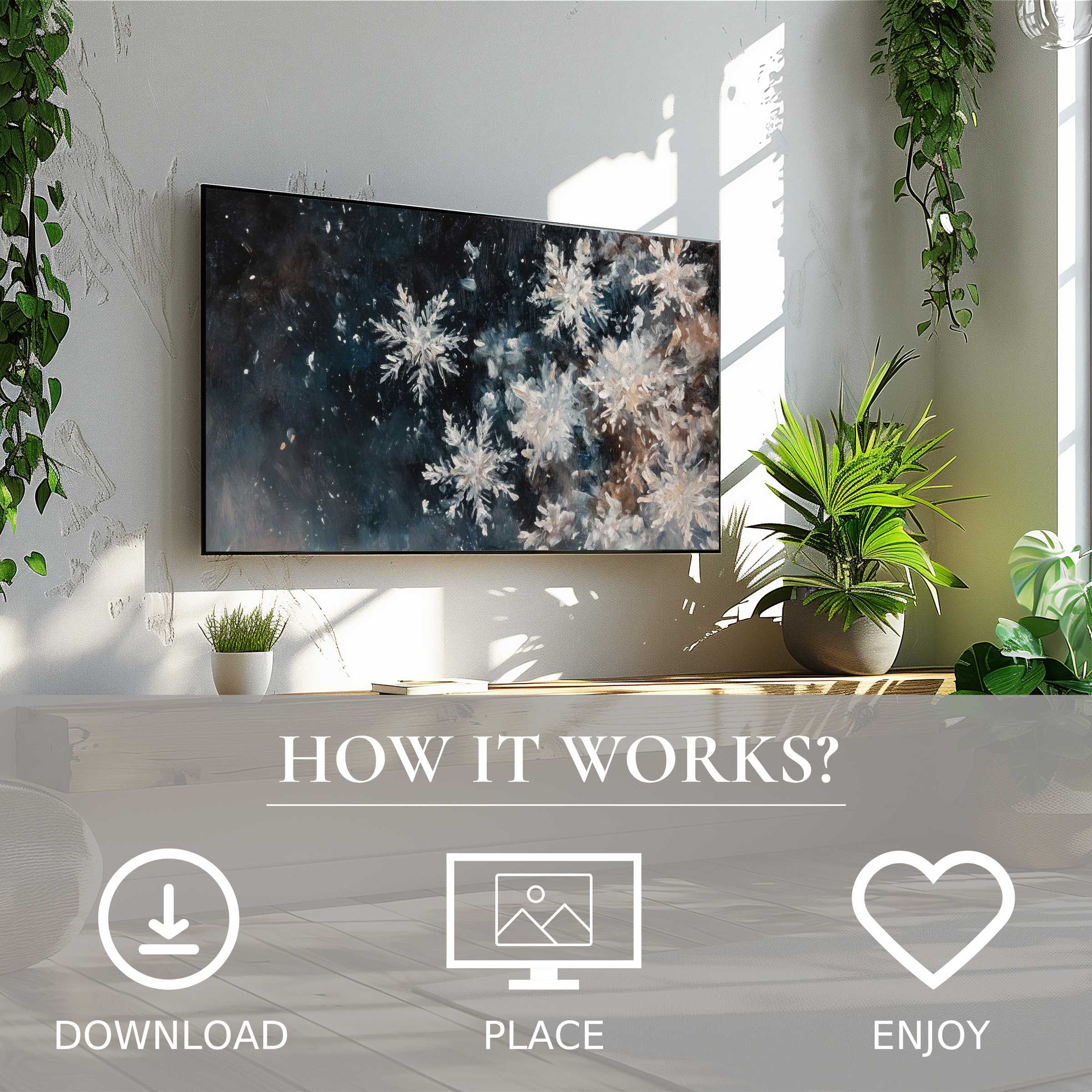 Winter art for Samsung TV shows delicate snowflakes in soft blue tones, easy digital download enhances modern spaces