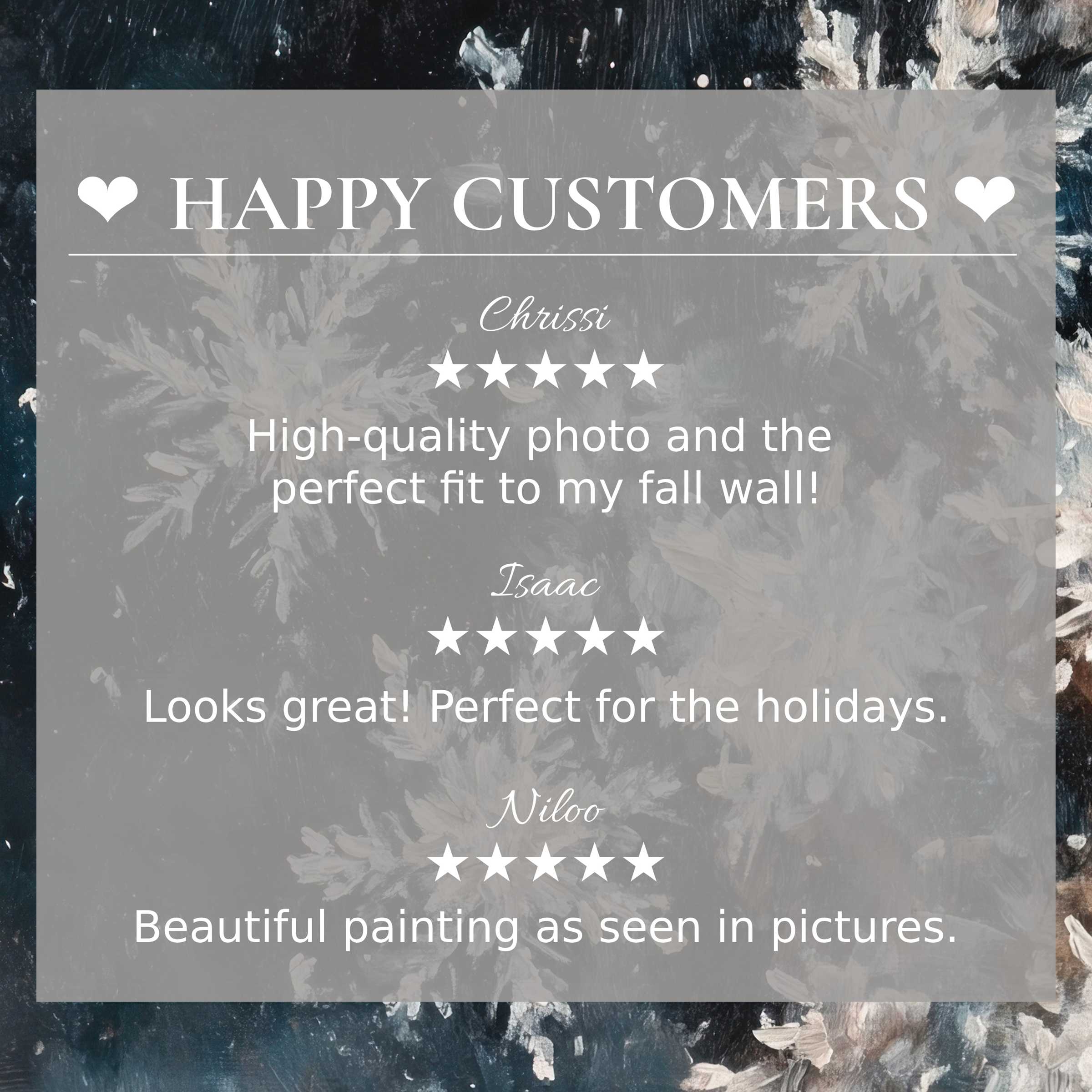 Winter art for Frame TV with abstract floral background, showcasing happy customer reviews and elegant design trust