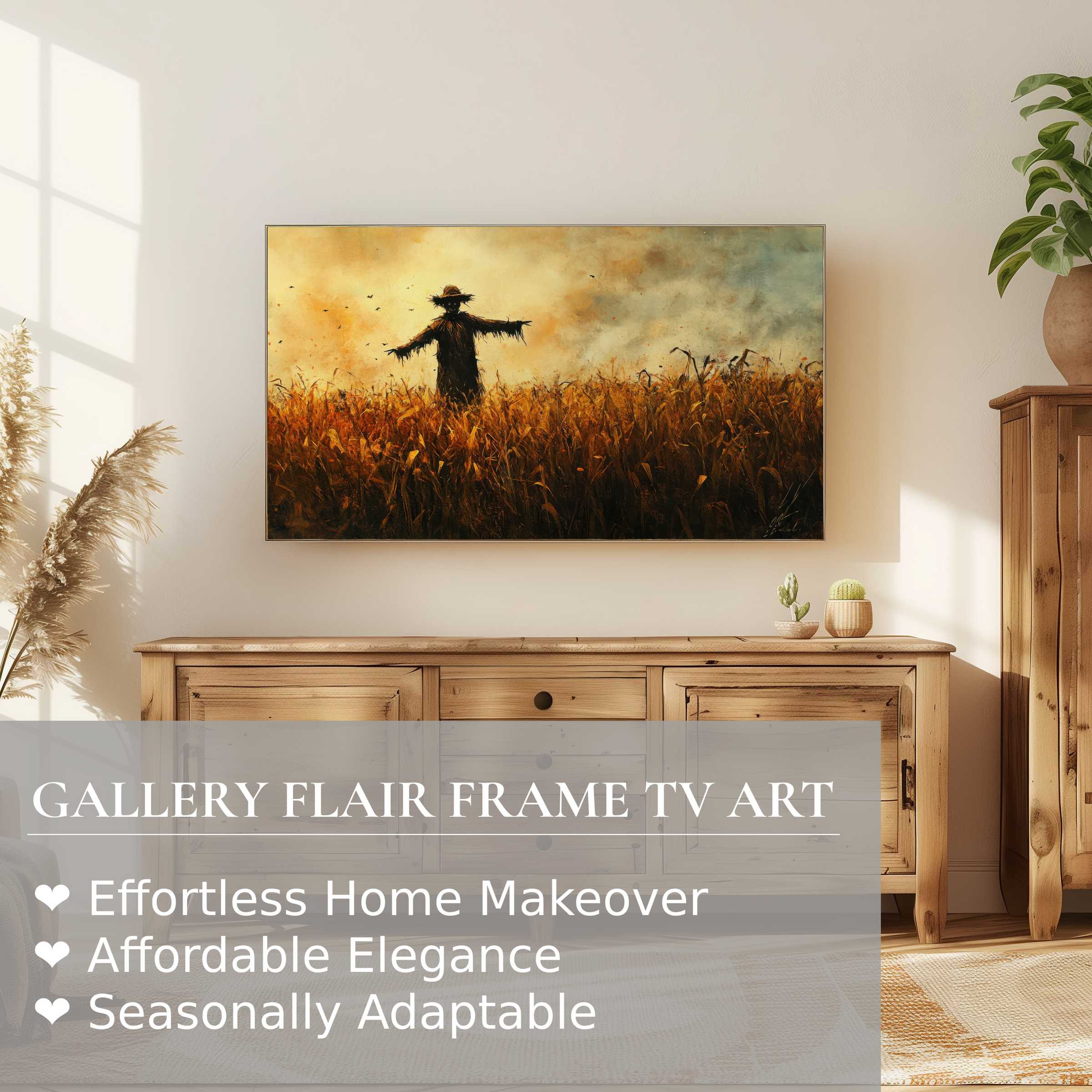Samsung Frame TV features elegant halloween digital artwork of a scarecrow in a golden field, perfect for refined decor