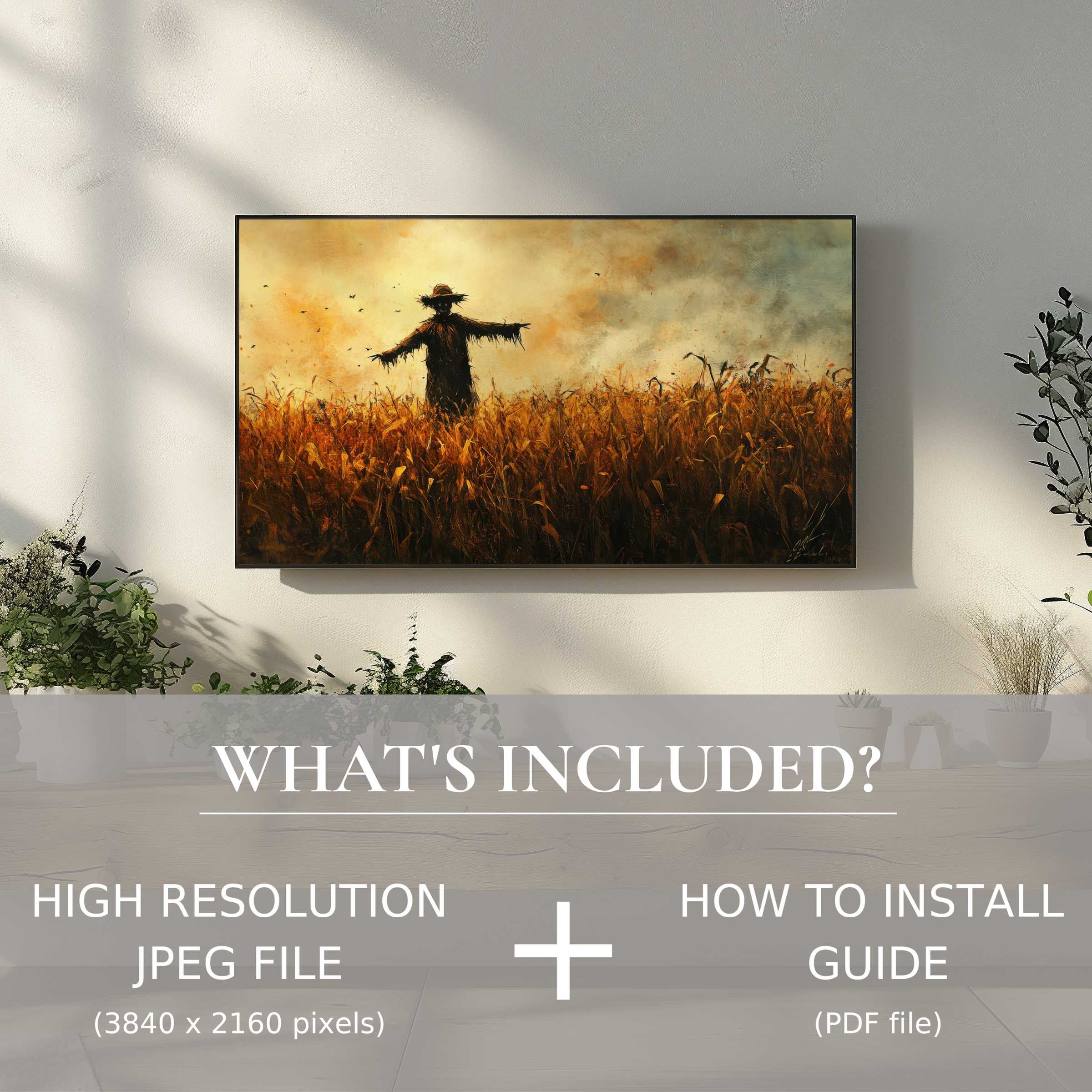 Elegant Halloween digital TV art download showcasing a scarecrow, easily elevating modern living spaces with style