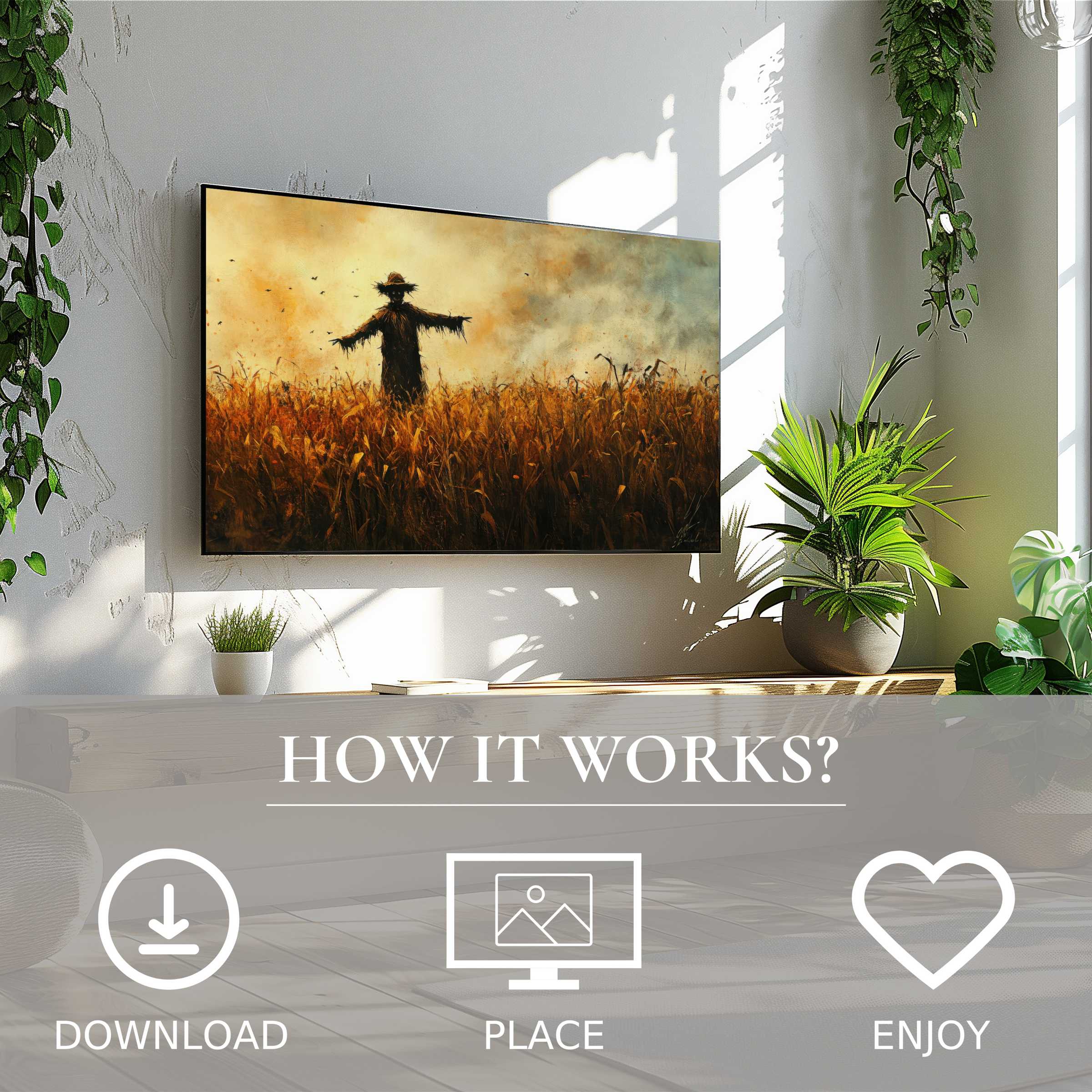 Halloween art for Samsung TV shows a moody scarecrow in warm autumn hues, easy digital download enriches any room