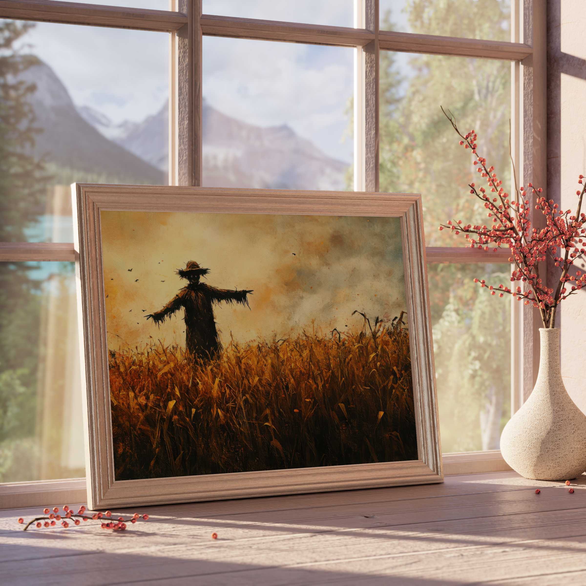 Halloween downloadable art featuring a moody scarecrow in golden fields, perfect for elevating curated, tranquil interiors