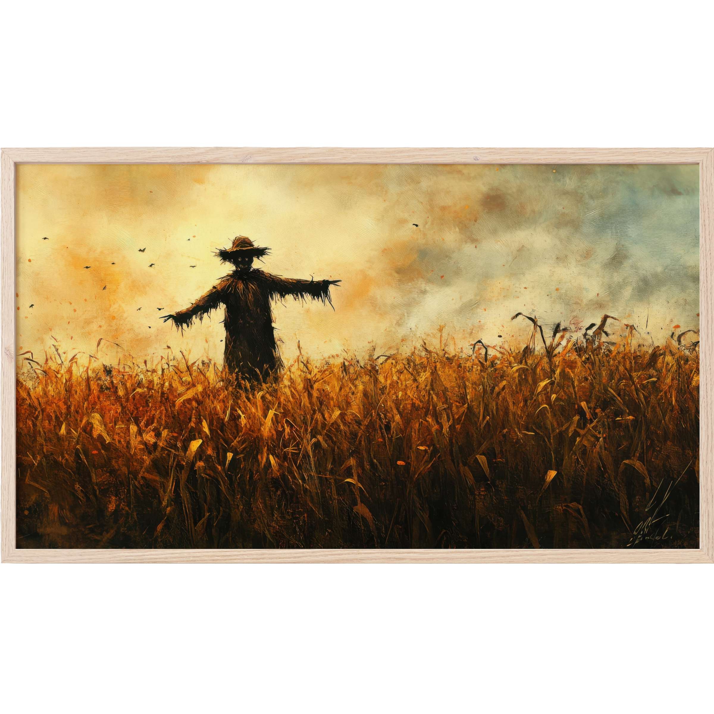 halloween Frame TV Art featuring a moody scarecrow in golden dusk with rich amber and smoky blue tones