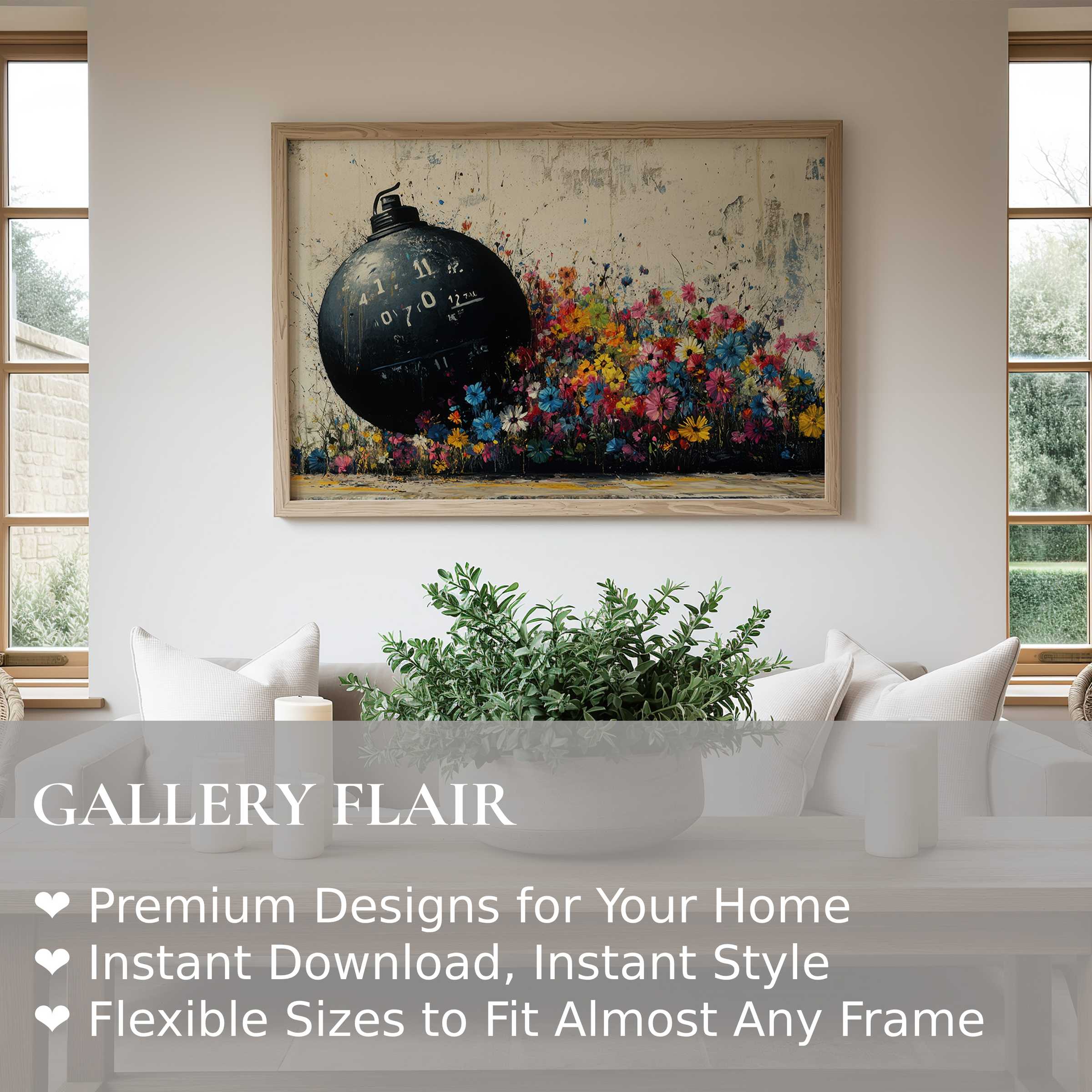 Street art wall art print featuring a bold bomb and vibrant floral explosion, elevating modern minimalist interiors with edgy vibrance