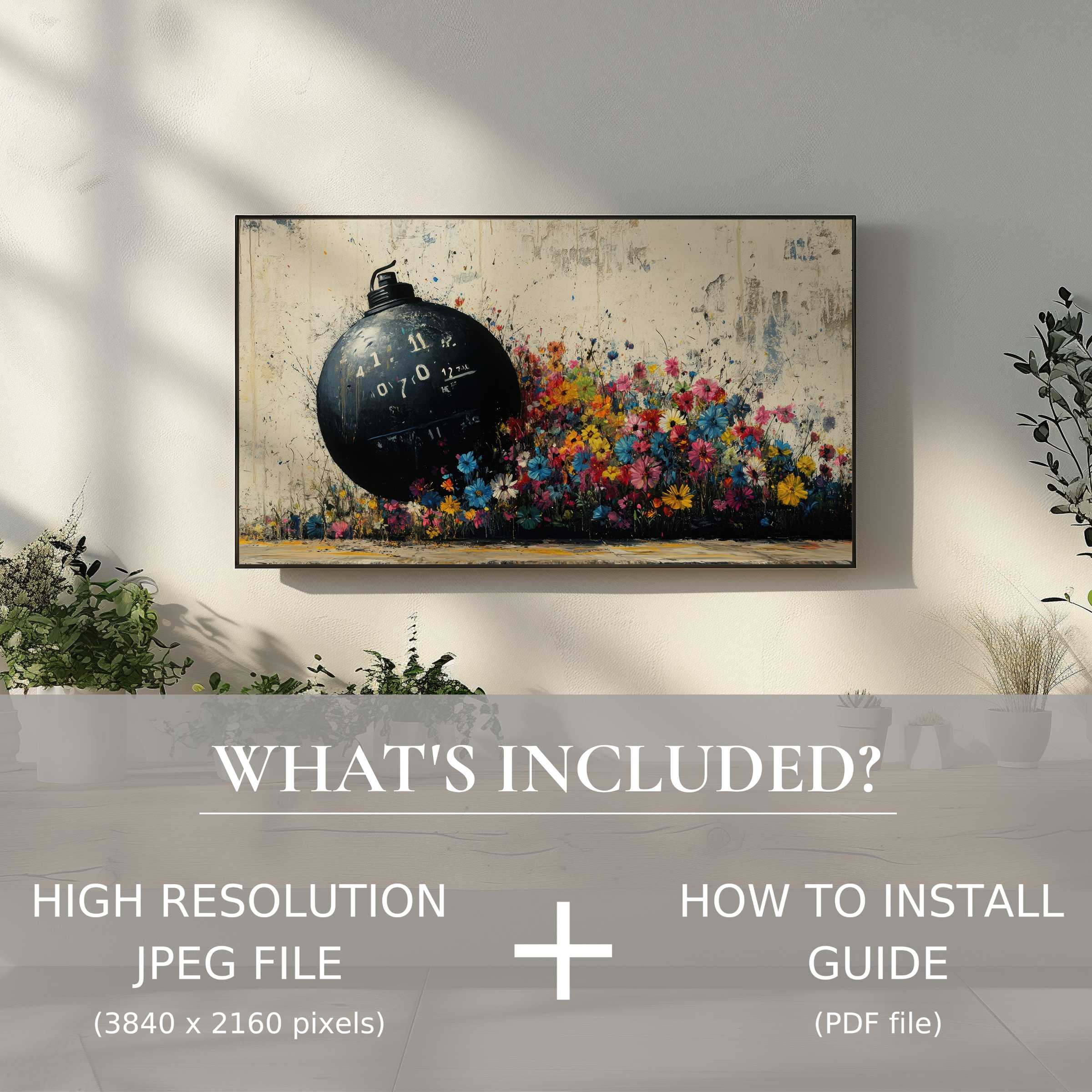 Modern living room enhanced by street art digital TV art download, easy digital use for stylish home decor