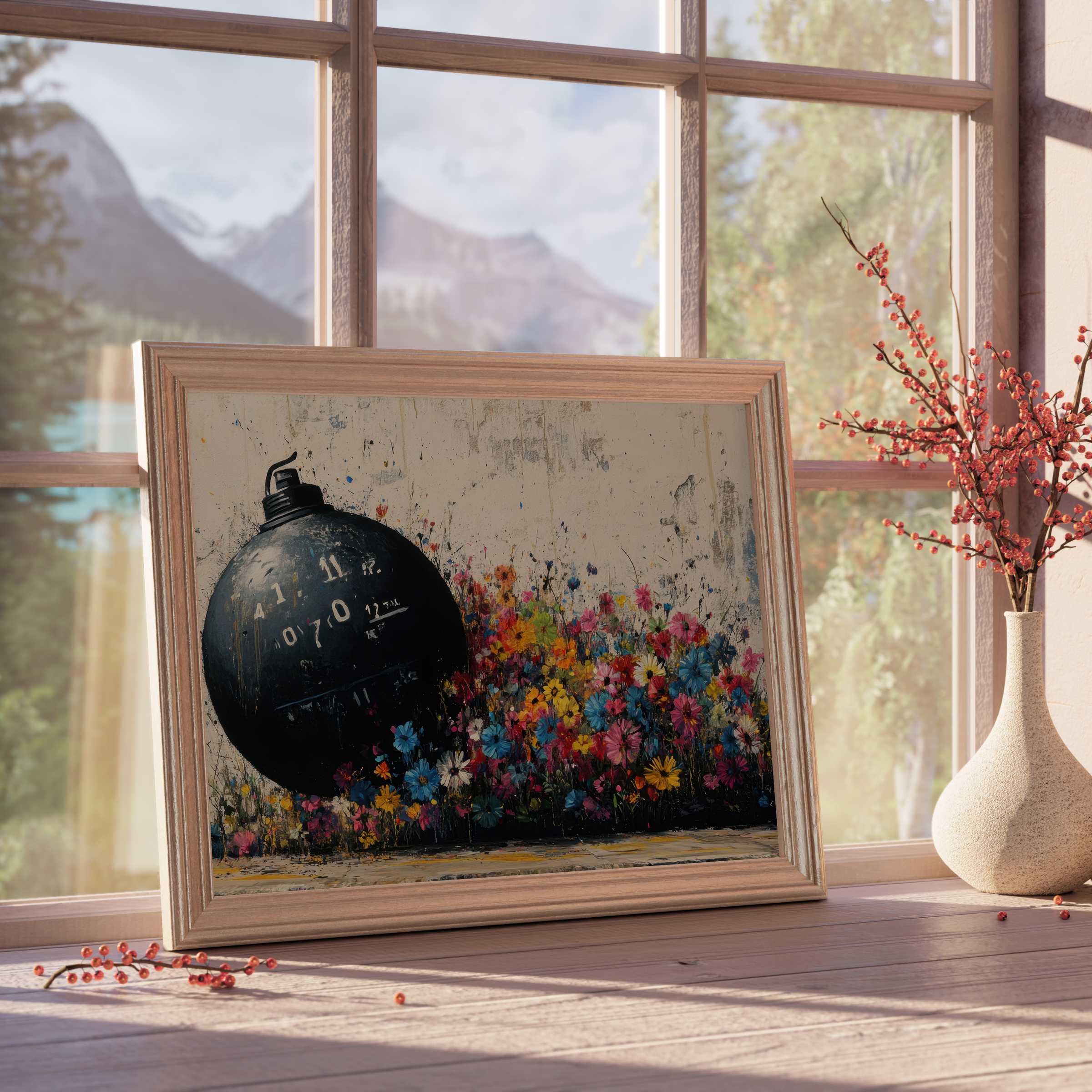 Street art downloadable art blending urban edge with vibrant florals, perfect for curated, tranquil, design-forward interiors