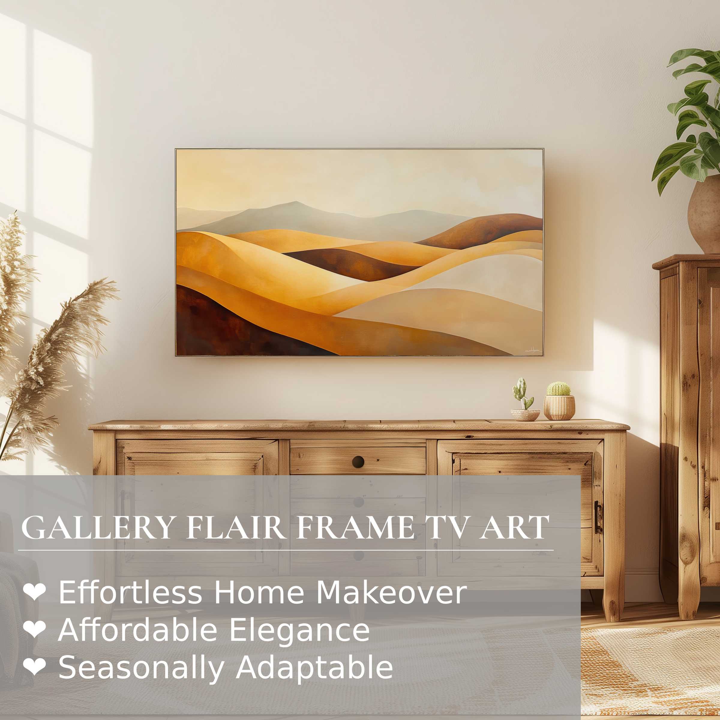 Samsung Frame TV displays modern digital artwork with warm desert tones in a serene, stylish living room setting