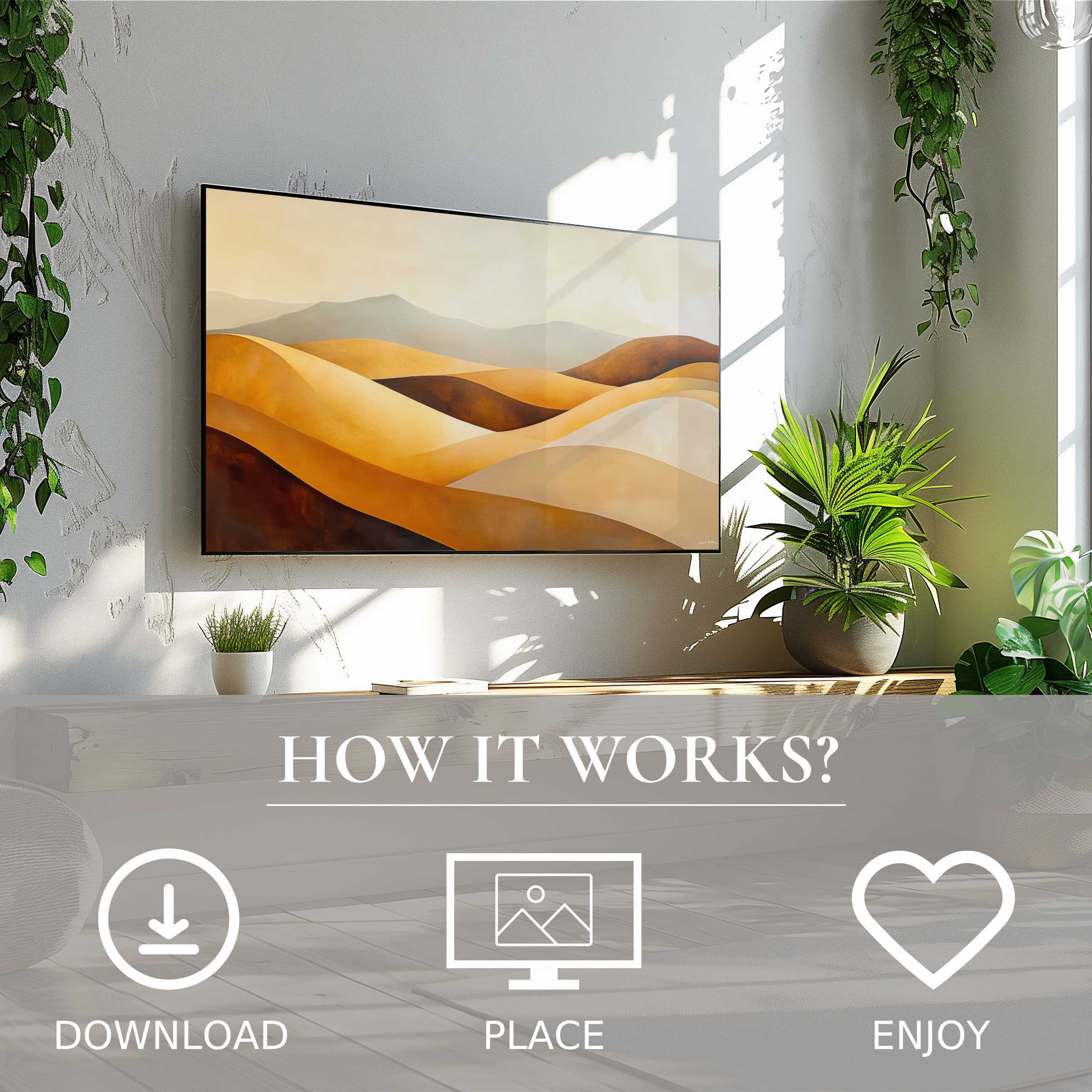 Modern art for Samsung TV with soft sunset tones enhances living spaces; easy digital download, place, and enjoy