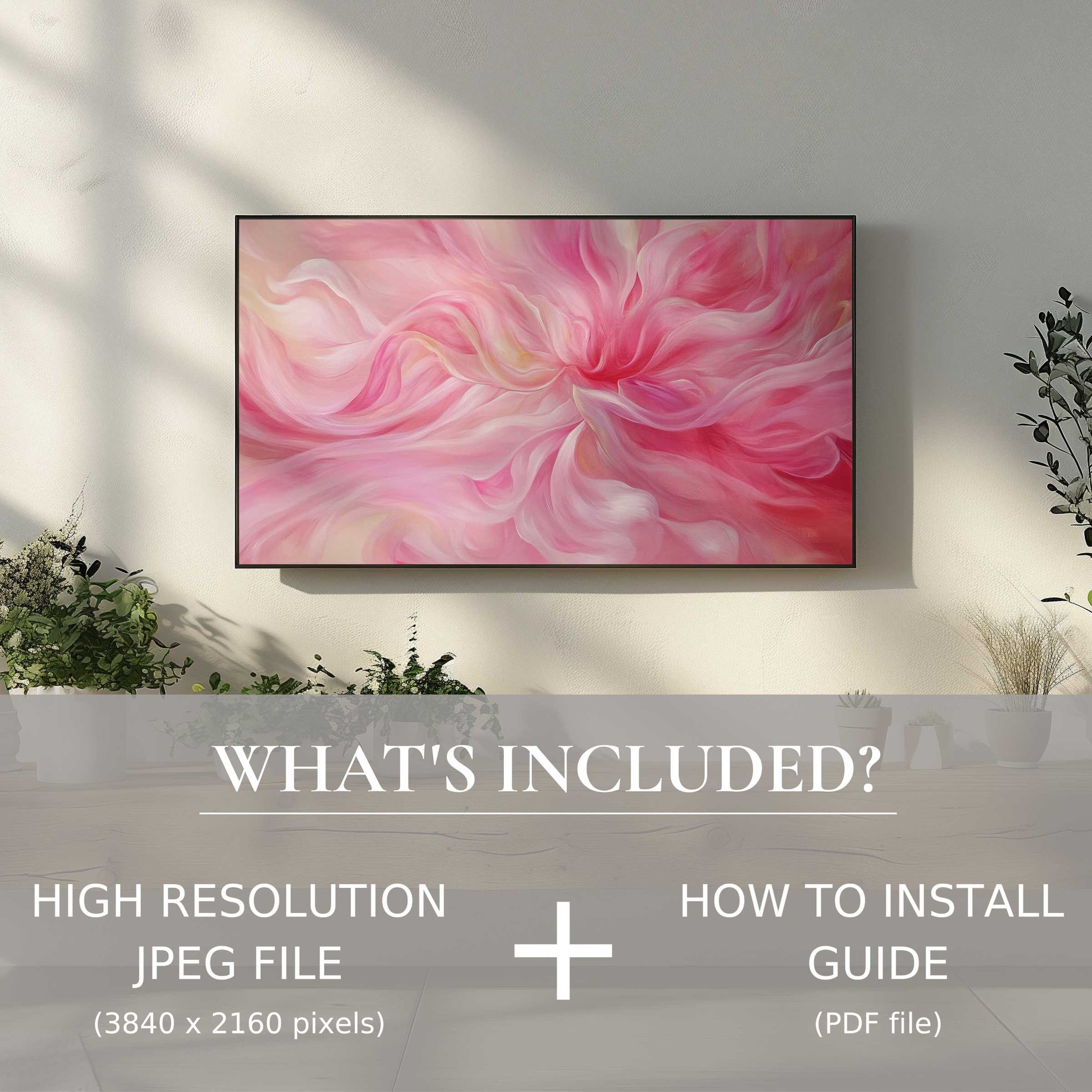 Elegant living room with abstract digital TV art download, enhancing space with easy high-res digital use