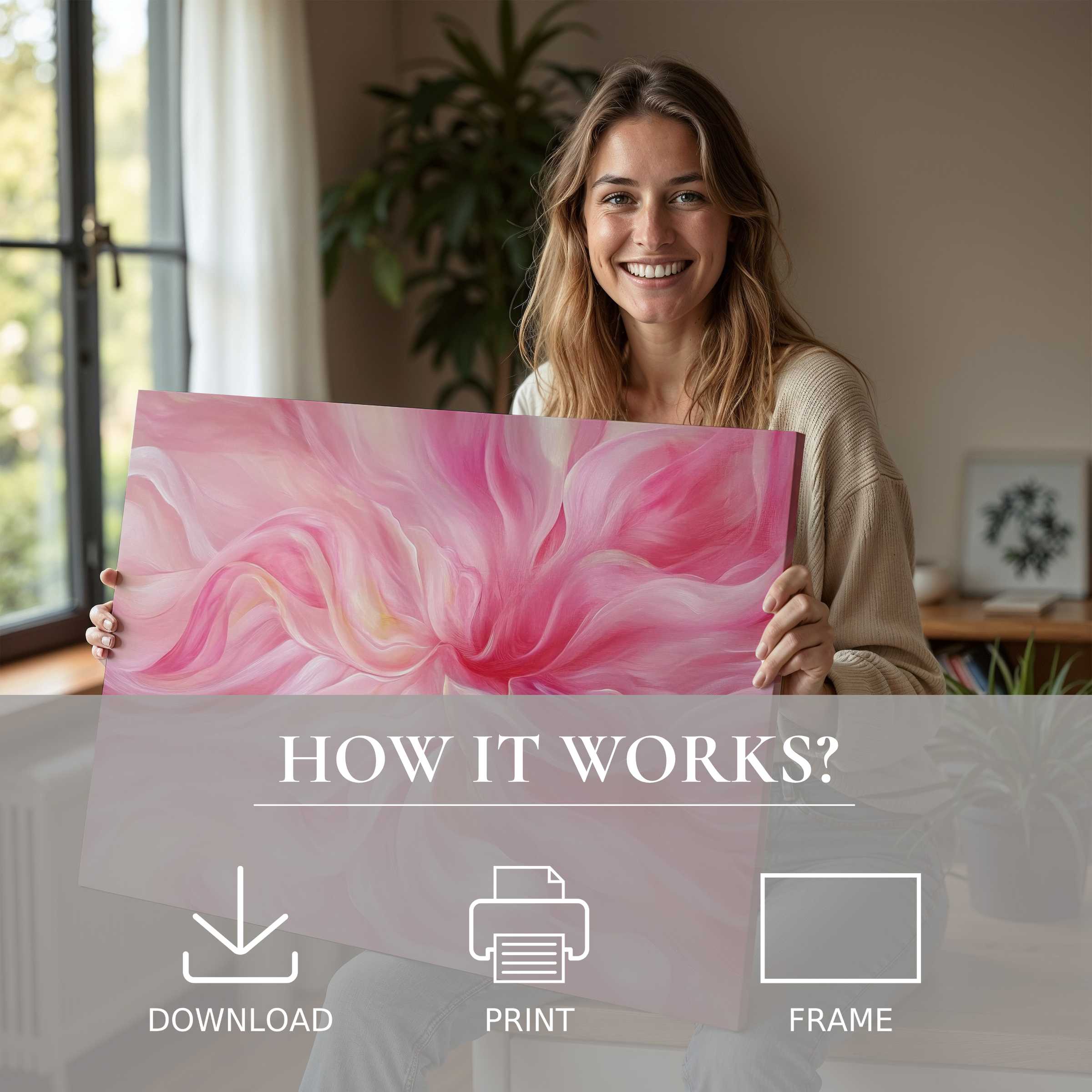 Graceful moment with abstract digital art print in soft pink hues, embodying the joy and ease of art enriching modern living