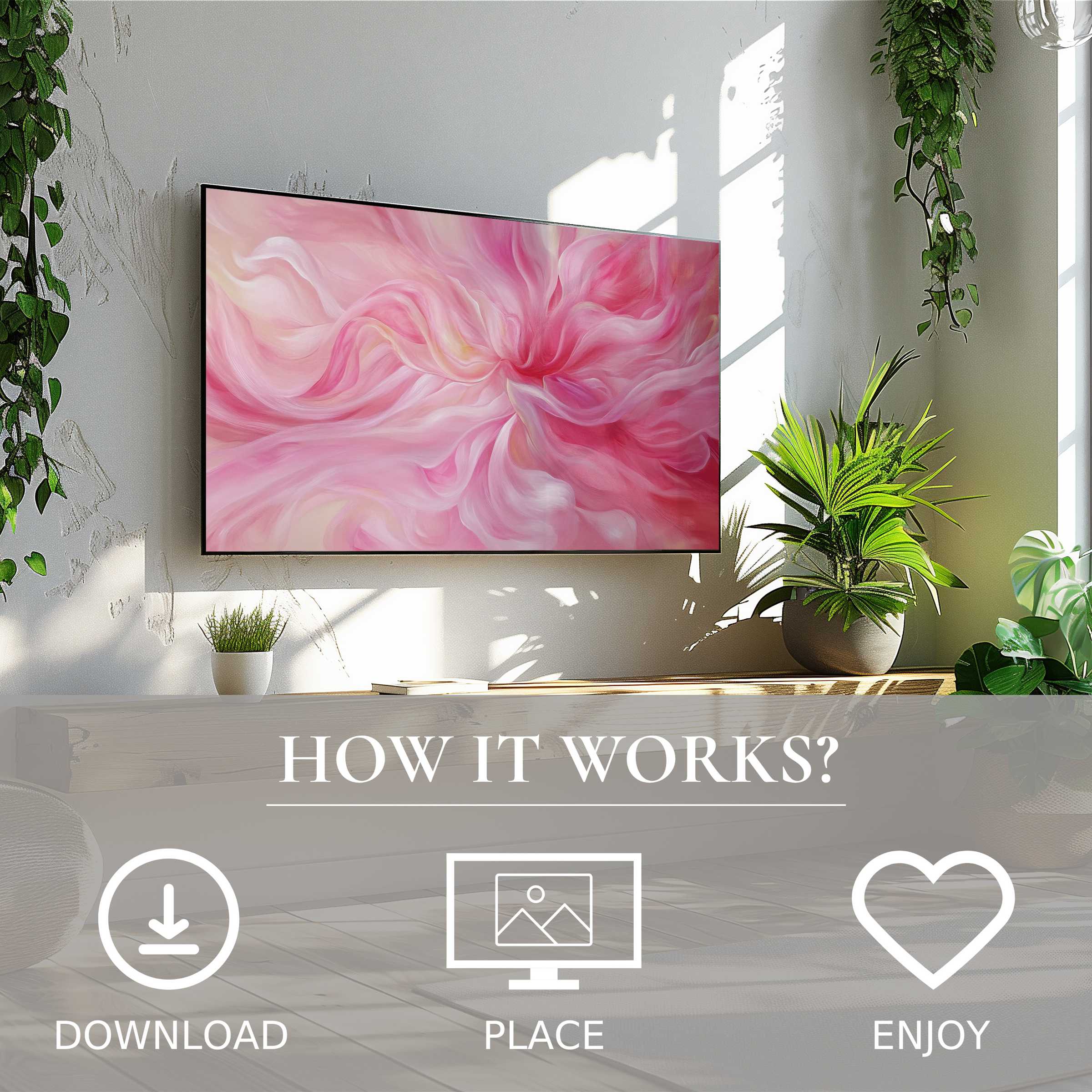 Abstract art for Samsung TV in bright room, soft pink color flow motif, easy digital download to enhance style