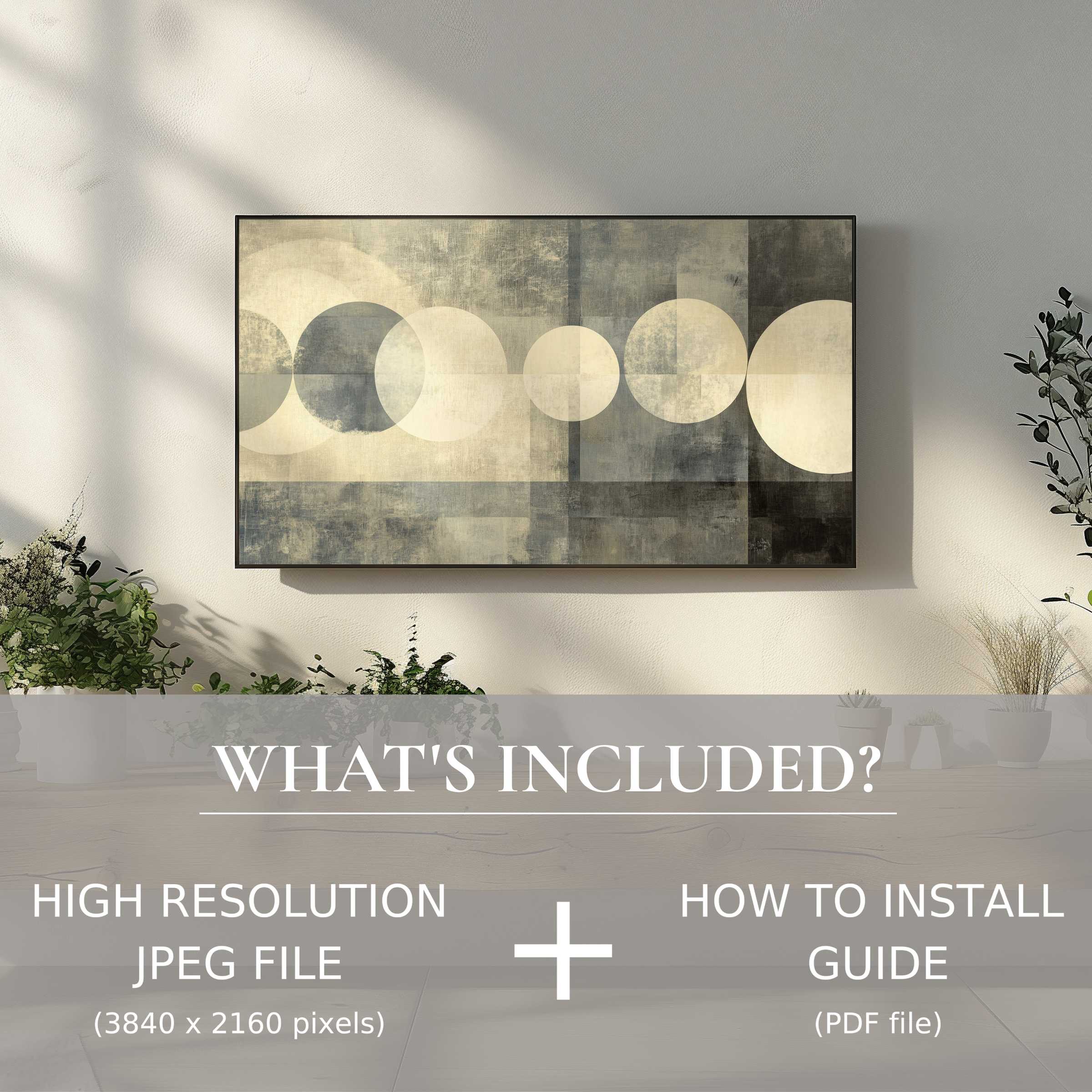 Neutral digital TV art download in a serene living space, easy digital use enhances modern decor elegance