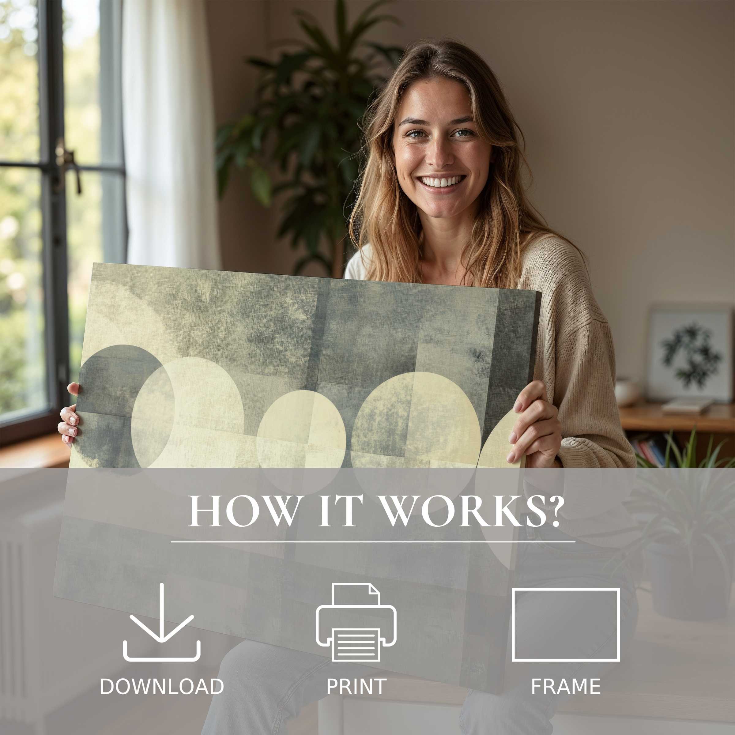 A serene moment of connection and joy with a neutral digital art print in soft, muted tones, elevating modern stylish living