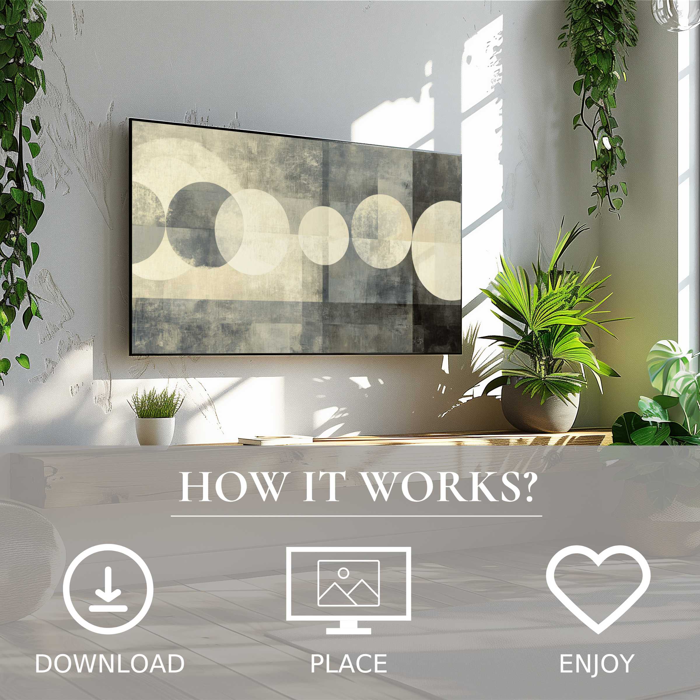 Neutral art for Samsung TV with soft beige and gray circle motif, easy digital download enriches stylish living space