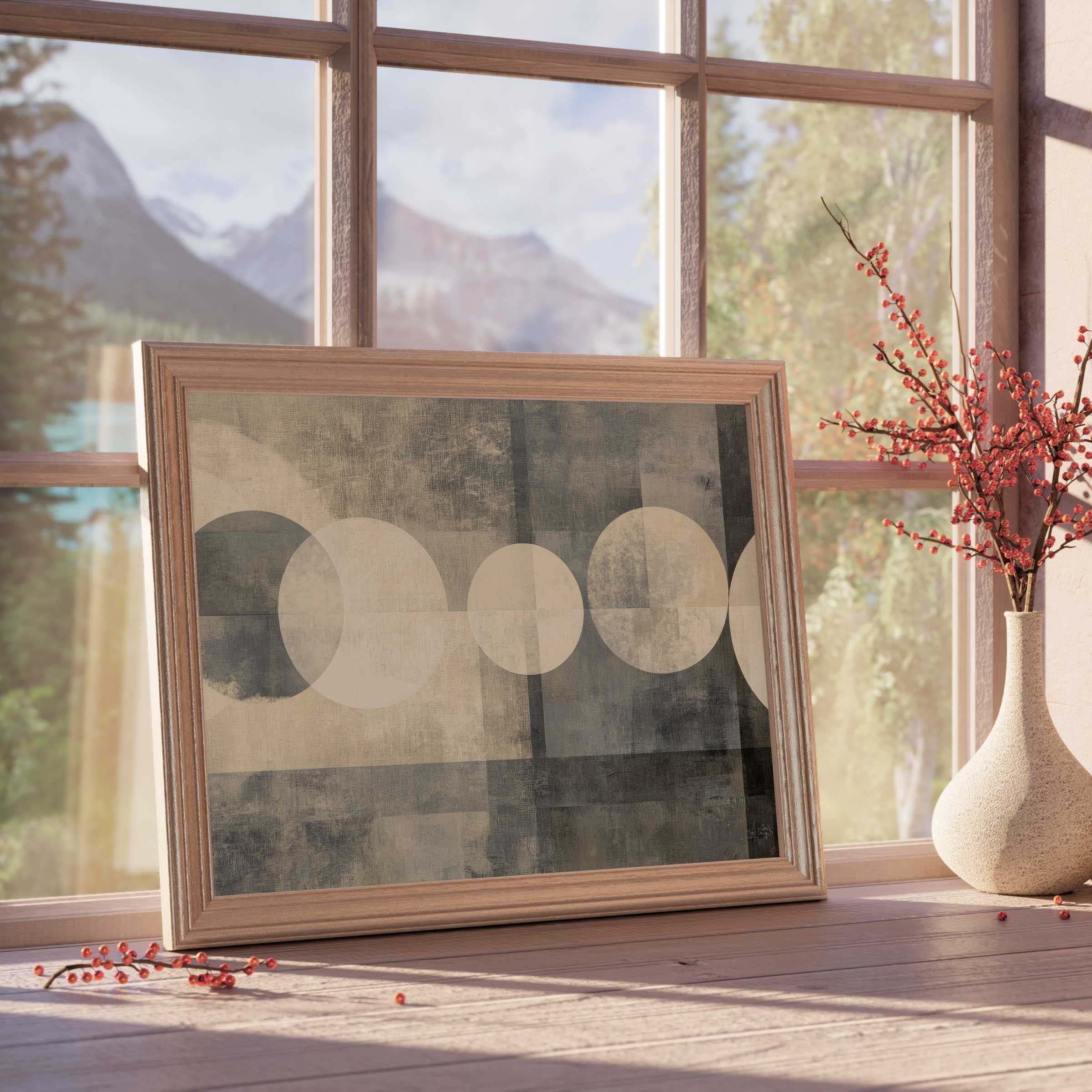 Neutral downloadable art with muted geometric circles in soft grays and beiges, infusing serene elegance into curated, tranquil interiors