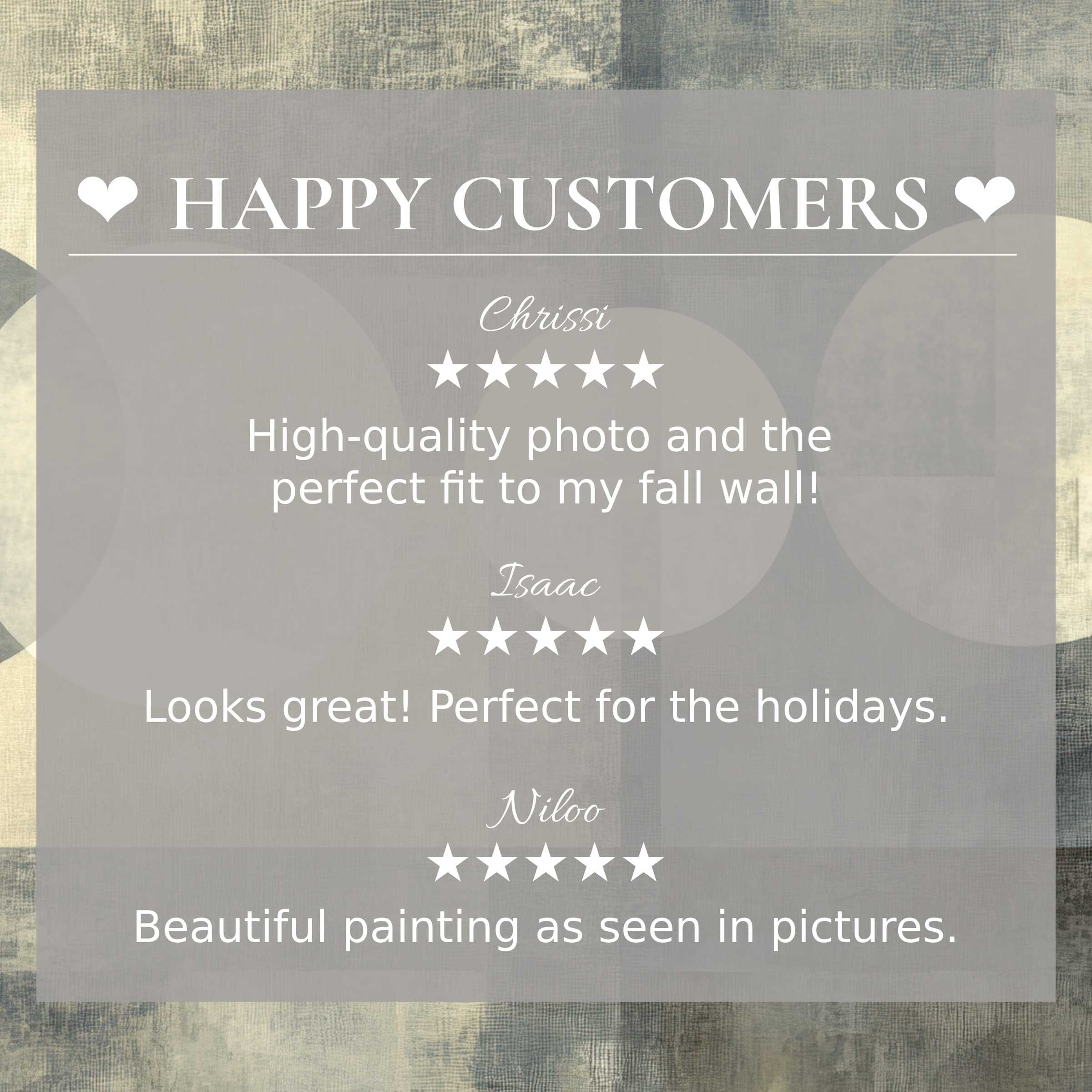 Neutral art for Frame TV with abstract muted tones, showcasing happy customer reviews and an elegant, trust-building layout