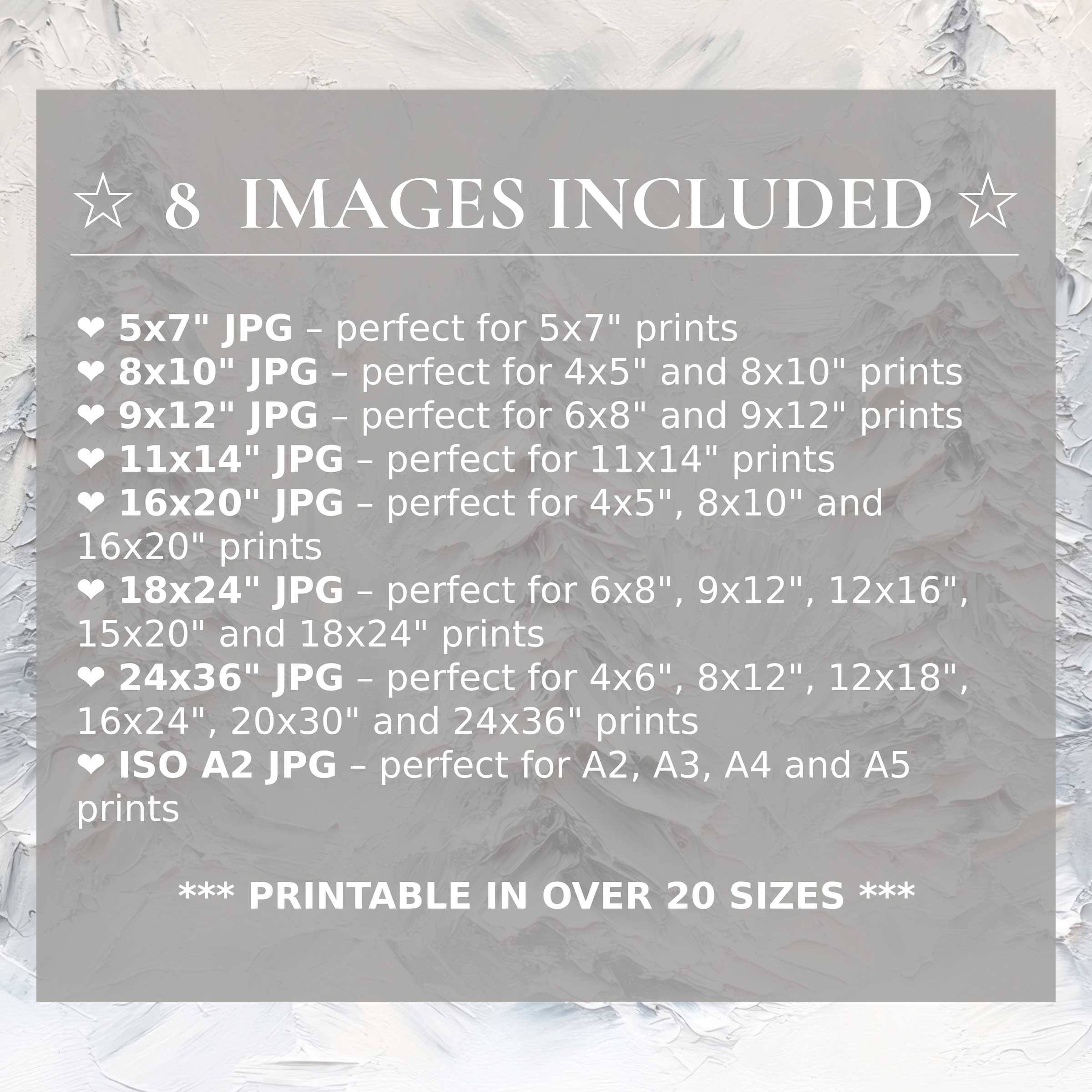 Print size guide showing 8 included JPG formats for versatile wall art printing – perfect for framing in popular sizes from 5x7 to 24x36 and A2