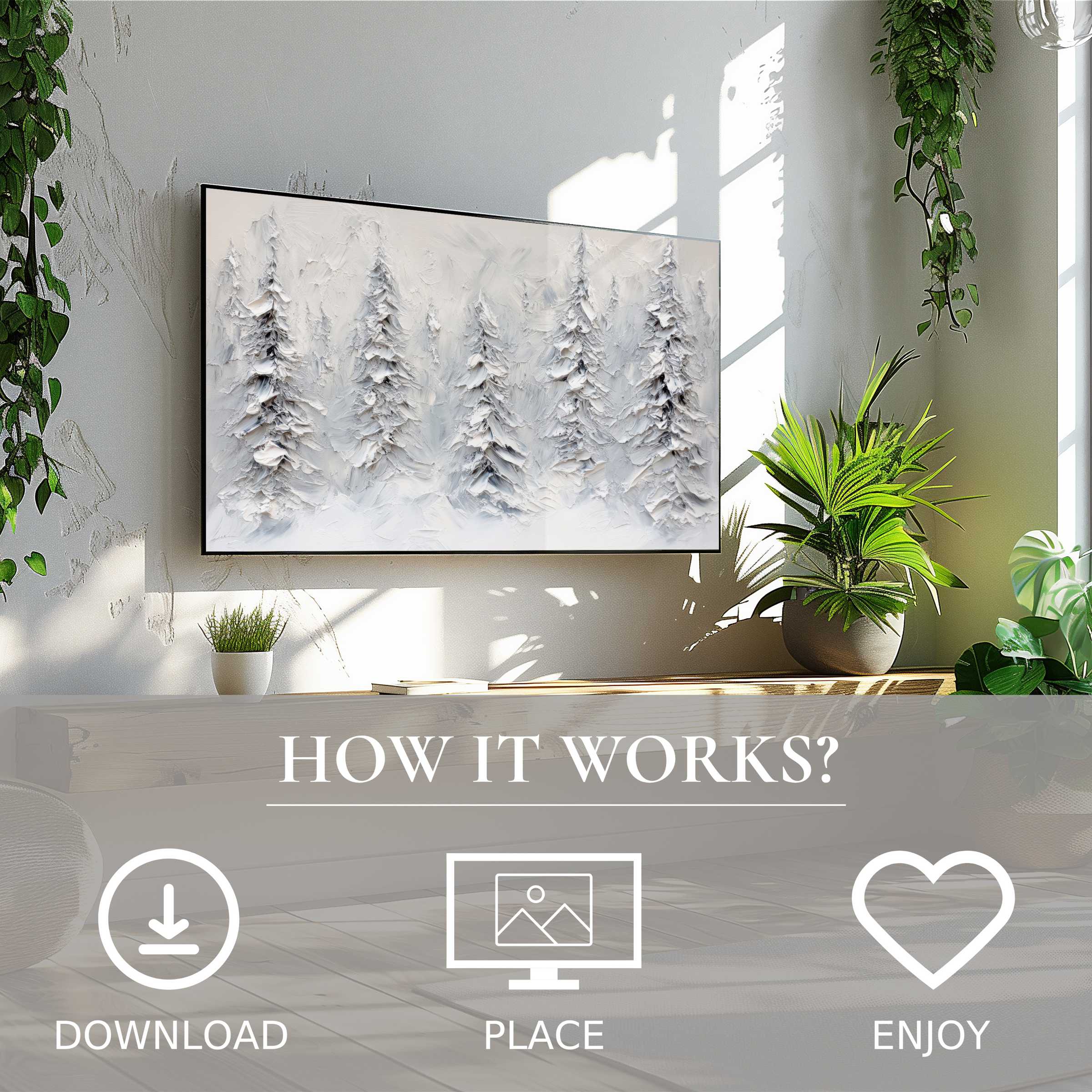 Tree art for Samsung TV in bright room with lush plants; digital download offers simple, textured winter motif enhancing decor