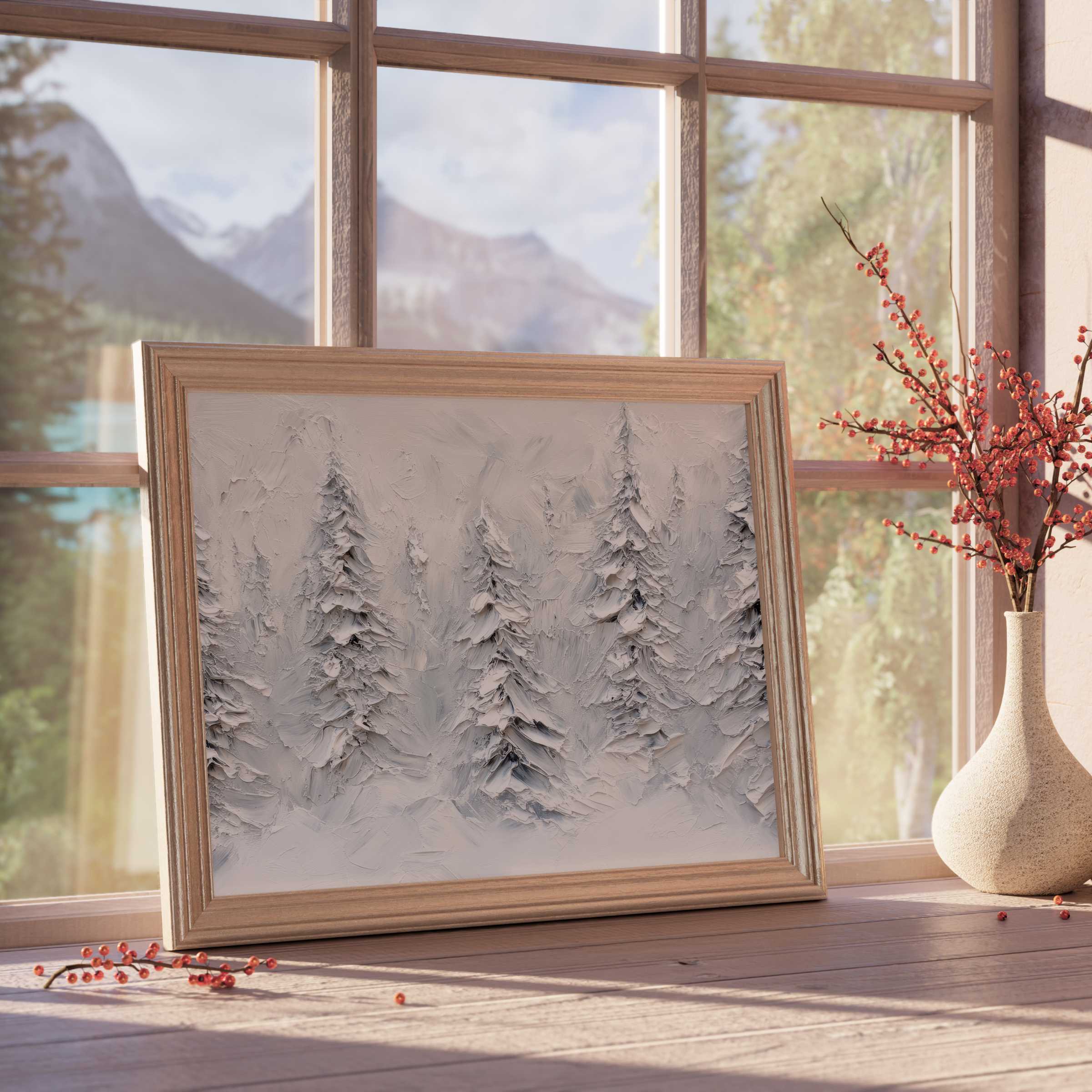 Elegant tree downloadable art capturing textured winter pines in muted tones, ideal for serene, design-forward living spaces