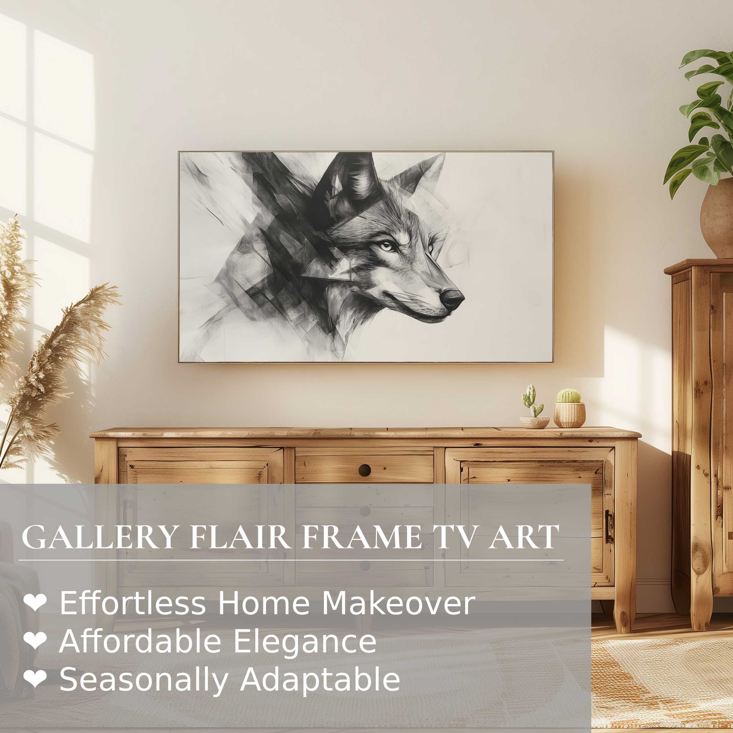Samsung Frame TV showcasing refined black and white digital artwork of a fox in a modern warm setting