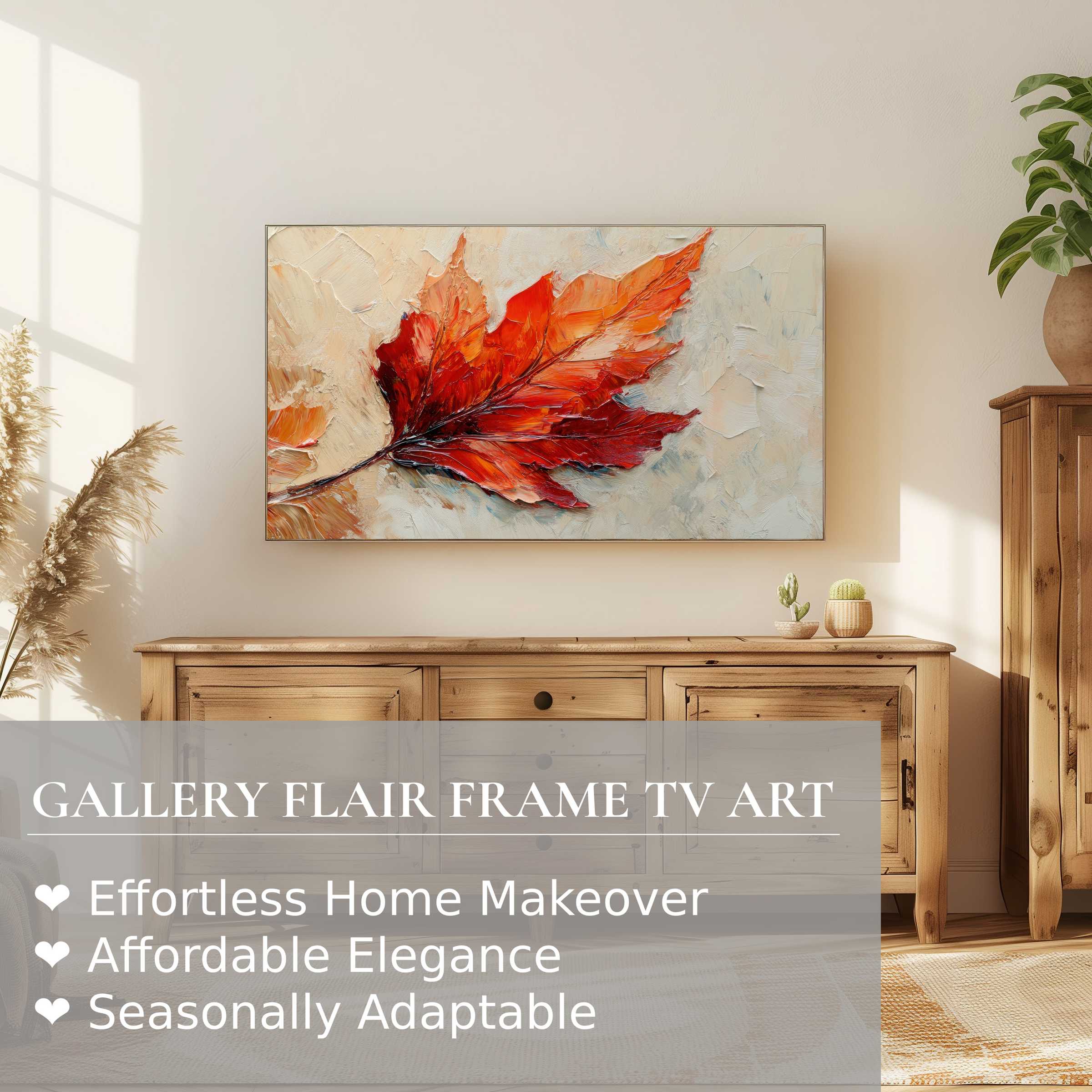 Modern living room with warm wood tones, featuring Samsung Frame TV showcasing vibrant fall digital artwork