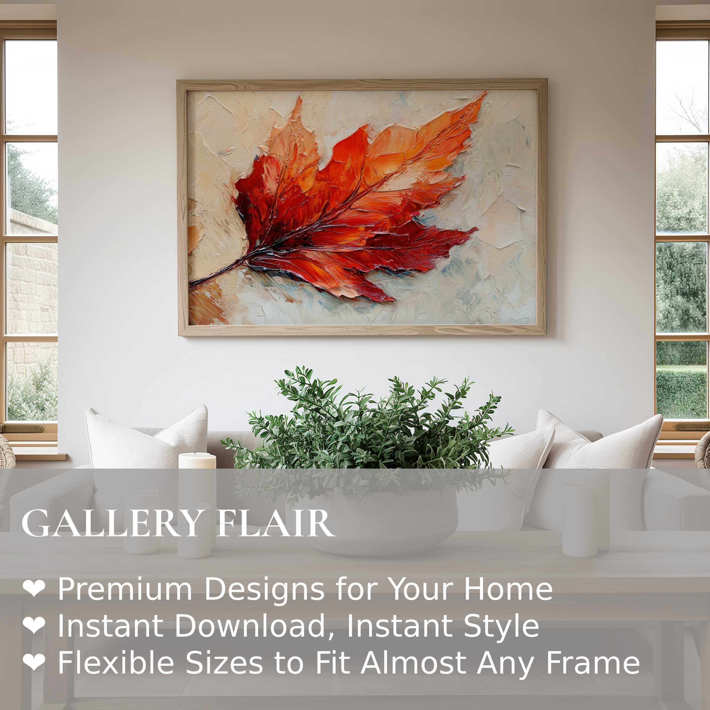 Radiant fall wall art print featuring a vivid red maple leaf in textured brushstrokes, enhancing modern minimalist interiors with warmth and seasonal charm