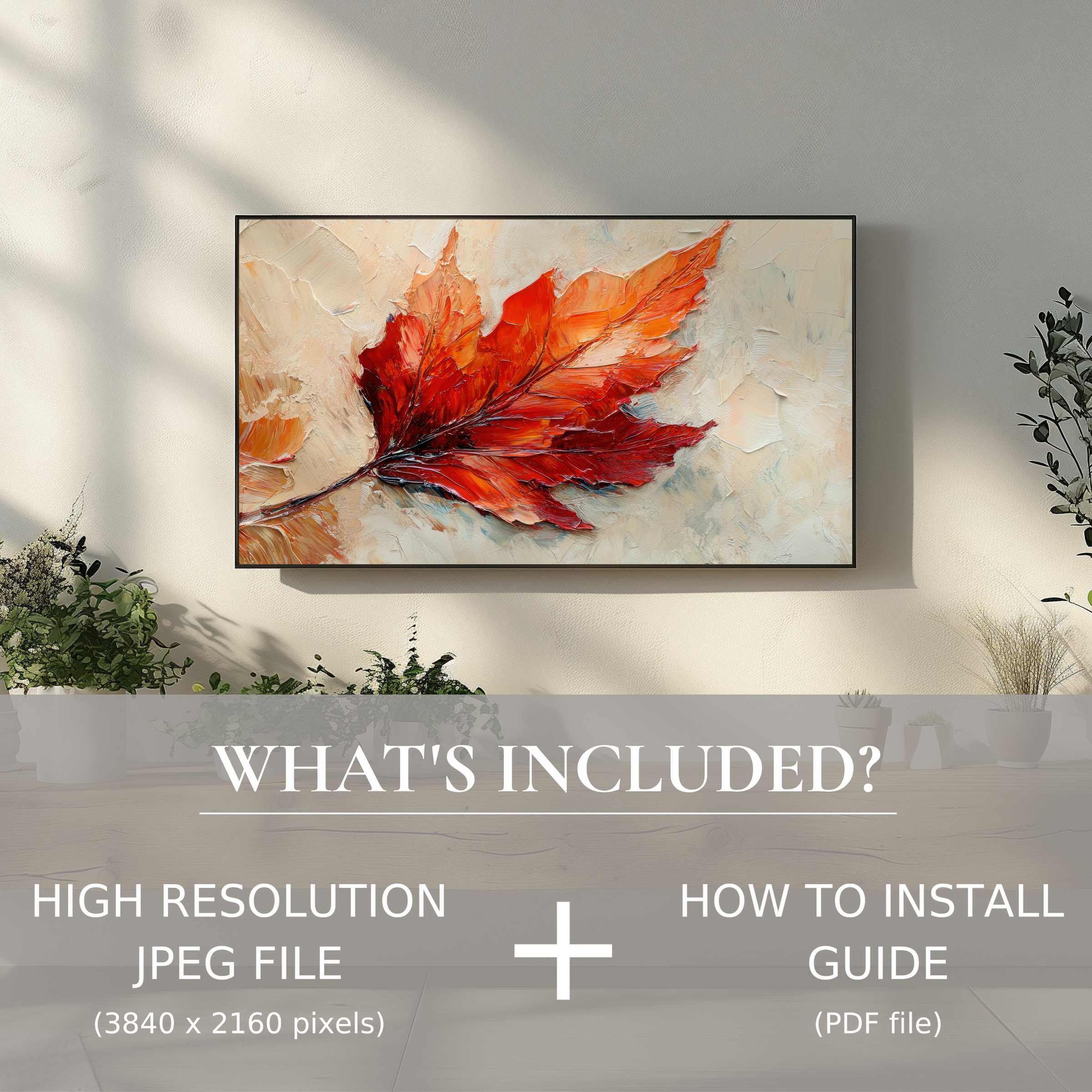 Elegant fall digital TV art download showcasing vibrant leaf, effortlessly enhancing any modern living space