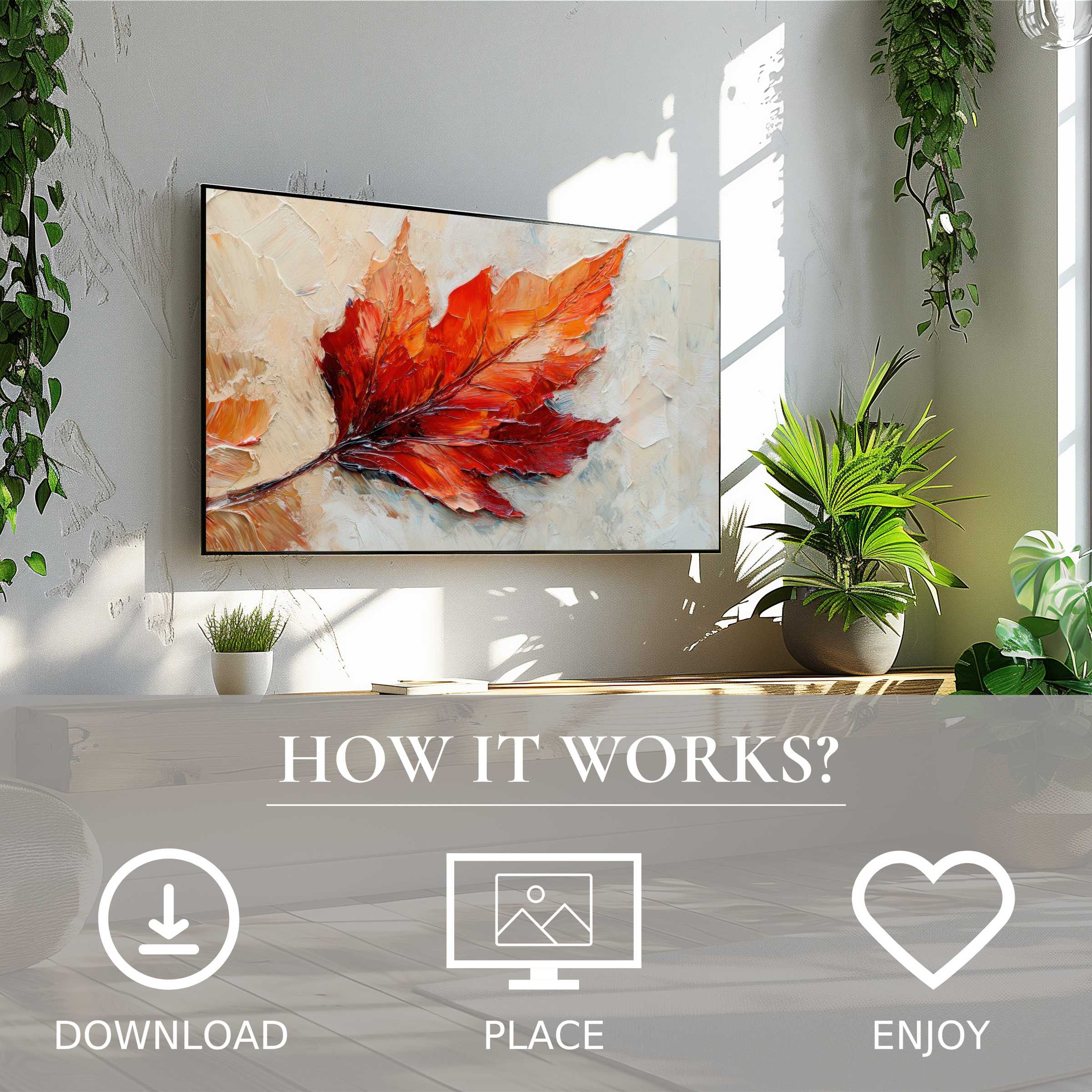 Fall art for Samsung TV with vibrant leaf motif, simple digital download, elevates modern living spaces with warm color flow