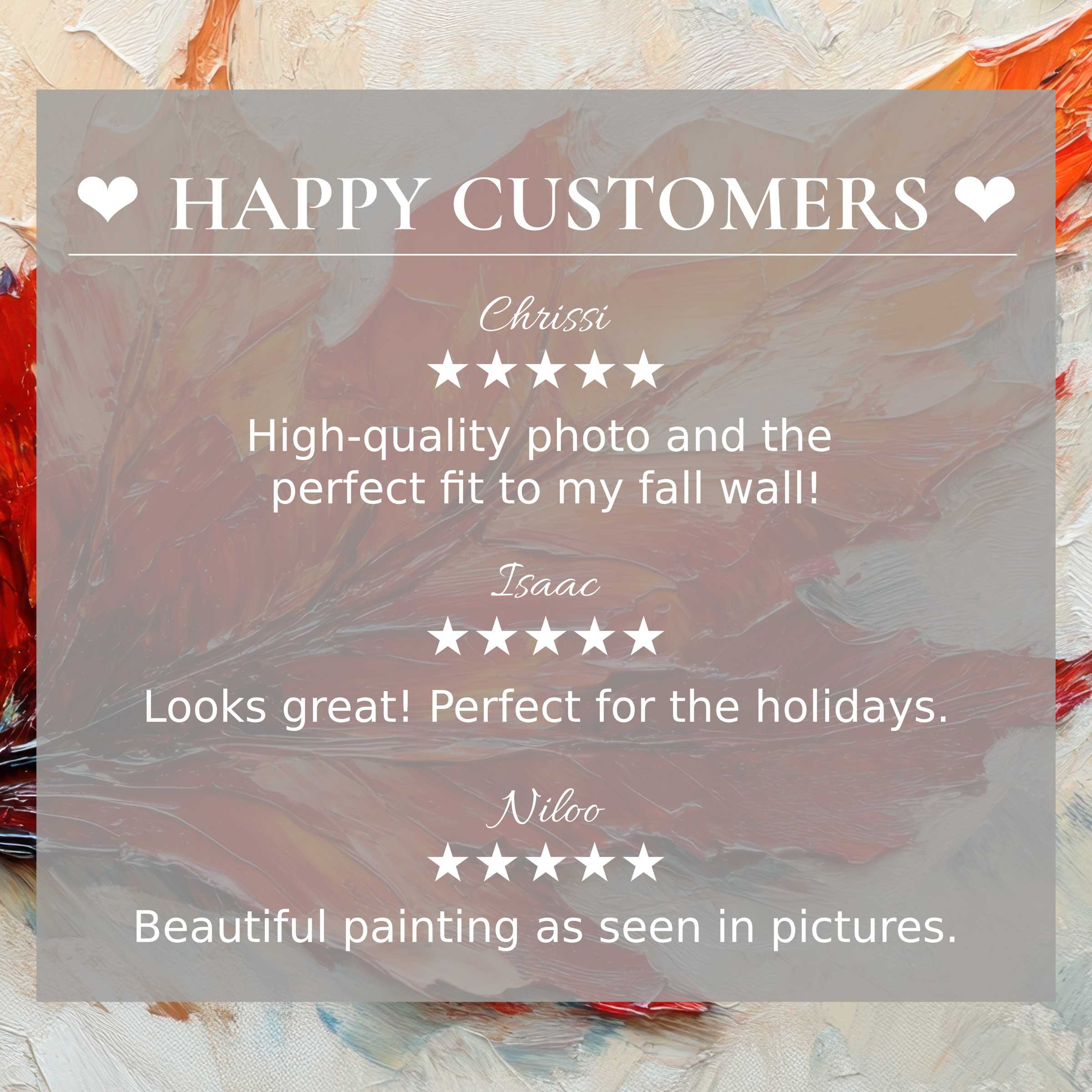 Positive reviews highlight fall art for Frame TV with abstract sunset hues, ensuring a happy customer and refined elegance