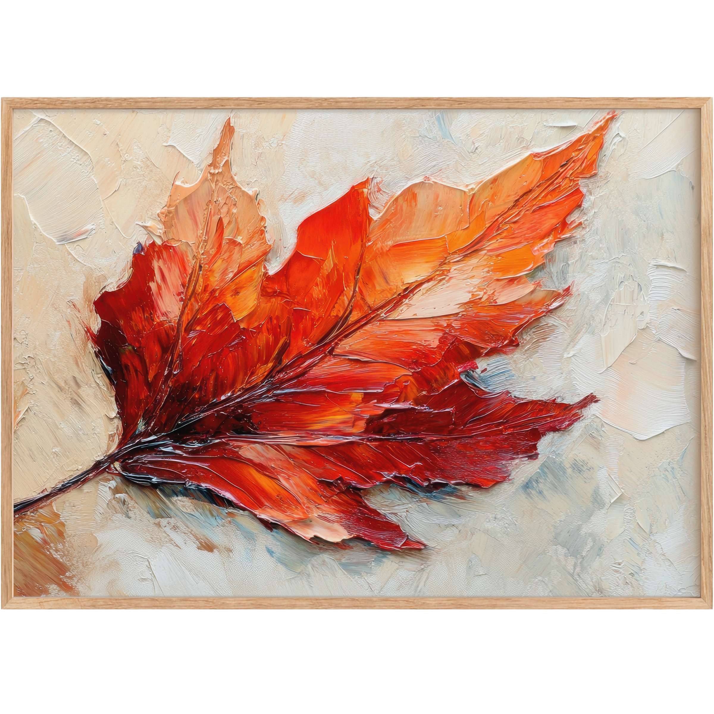 Vibrant fall printable wall art featuring a radiant maple leaf in fiery reds and oranges, evoking warmth and autumnal elegance