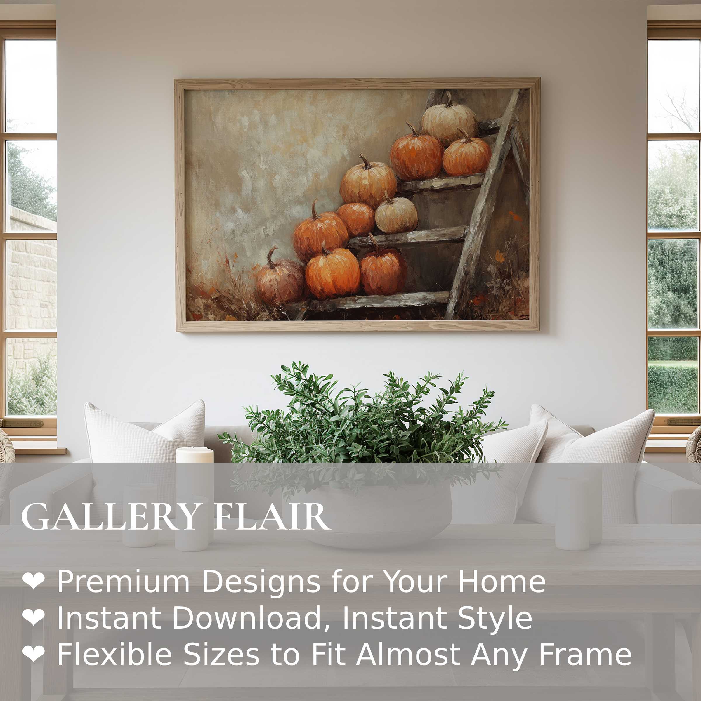 Farmhouse wall art print featuring warm pumpkins on rustic ladder evokes cozy autumn charm in a modern farmhouse living room