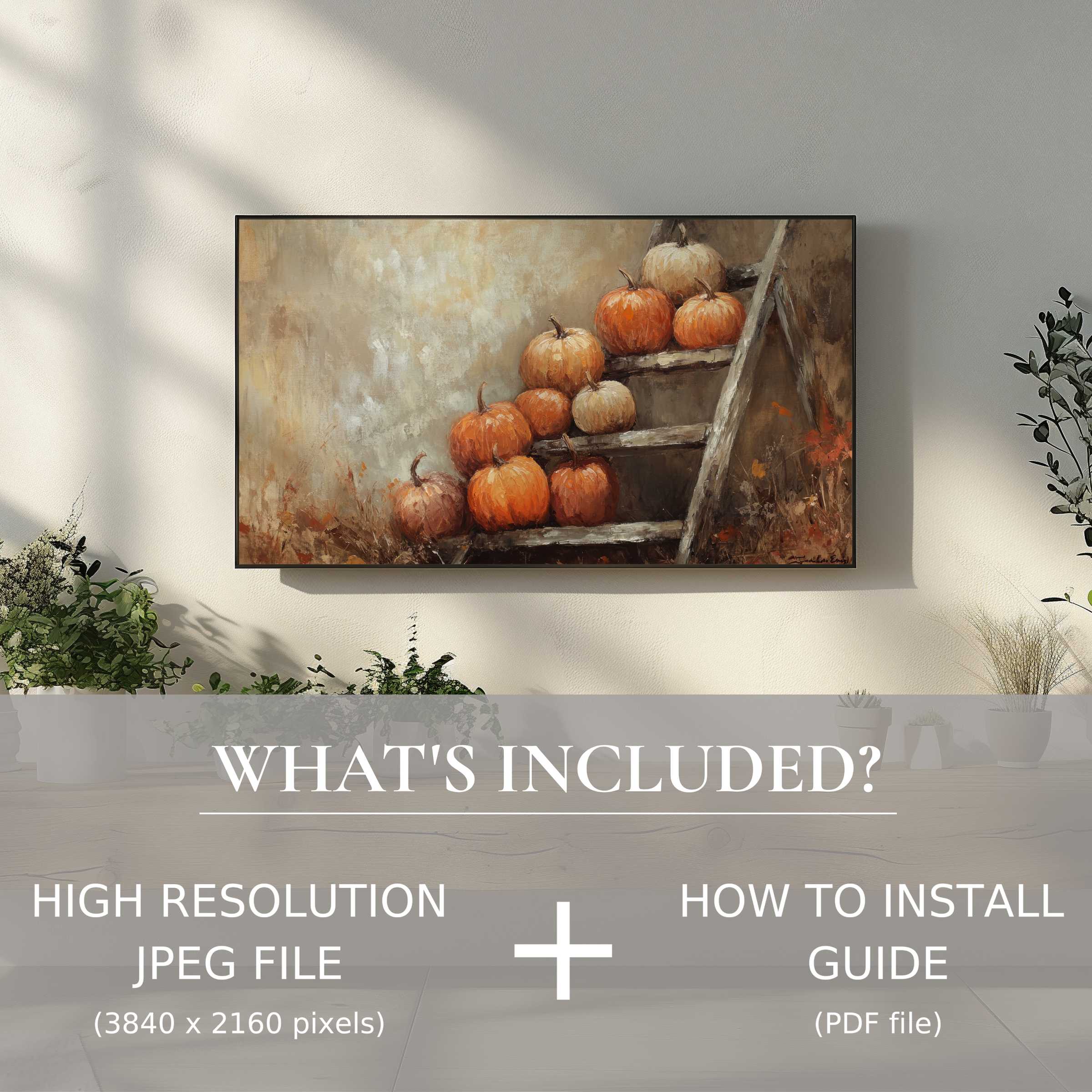Elegant farmhouse digital TV art download with pumpkins on steps; easy digital use enhances serene living spaces