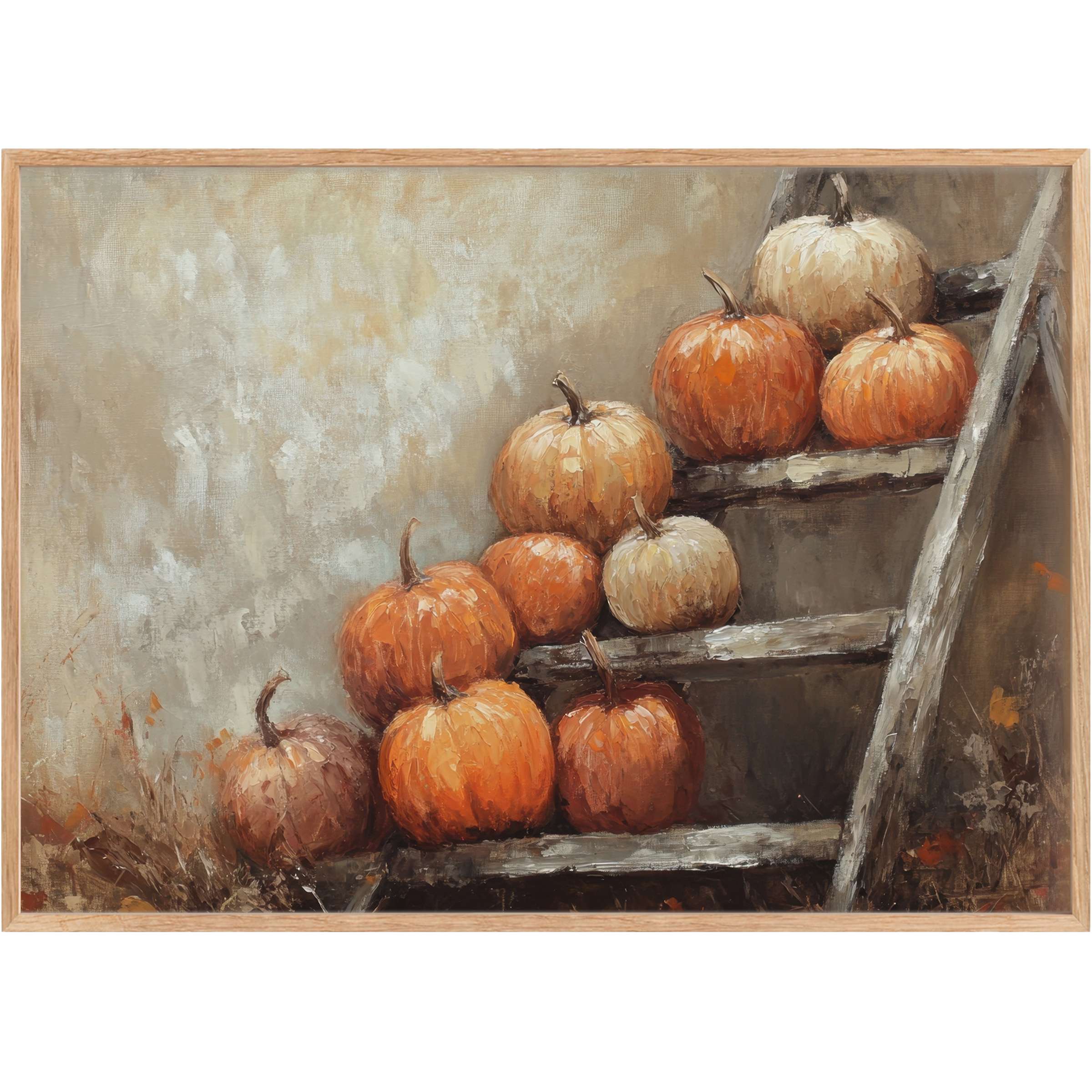 Rustic farmhouse printable wall art featuring warm orange and cream pumpkins on weathered wooden stairs, evoking cozy autumn calm