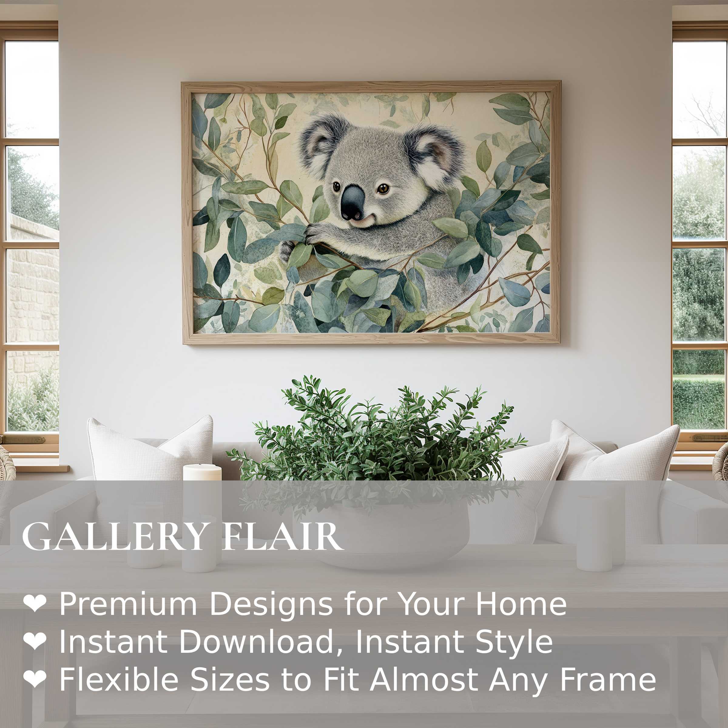 Nursery wall art print featuring a soft, calming koala nestled in eucalyptus, perfect for modern, serene children's rooms