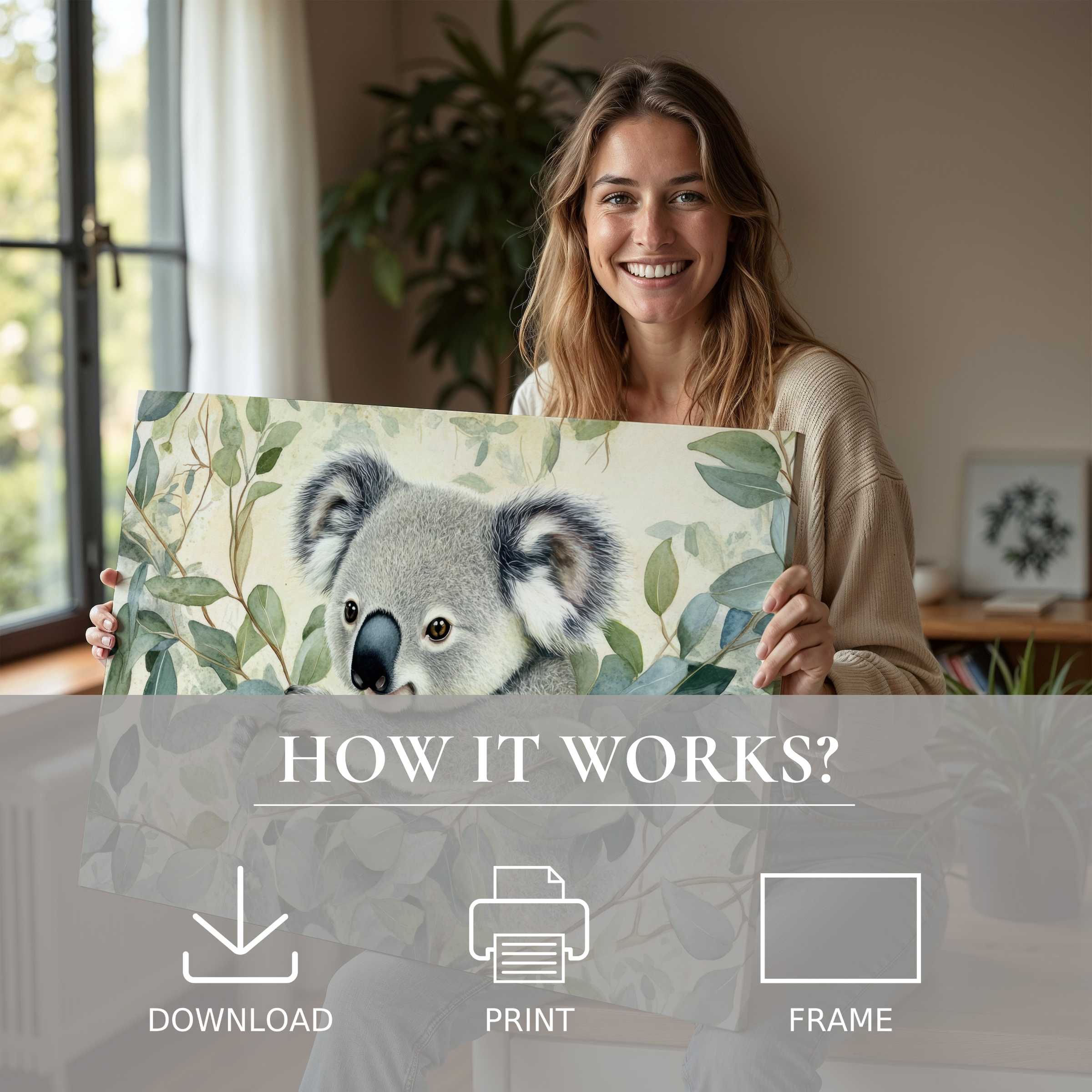 A serene moment in a modern home where a nursery digital art print brings joy and warmth with soft natural tones