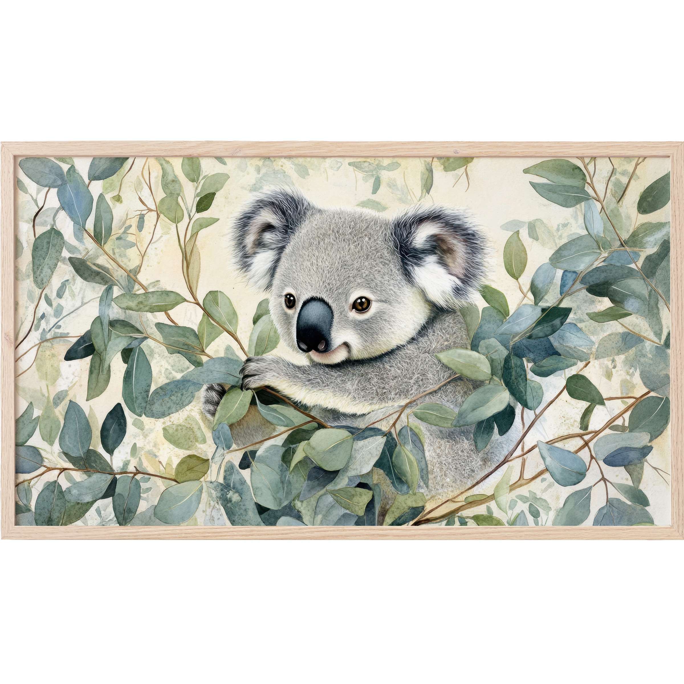 Nursery Frame TV Art featuring a soft, detailed koala amid lush green eucalyptus leaves in muted, elegant tones
