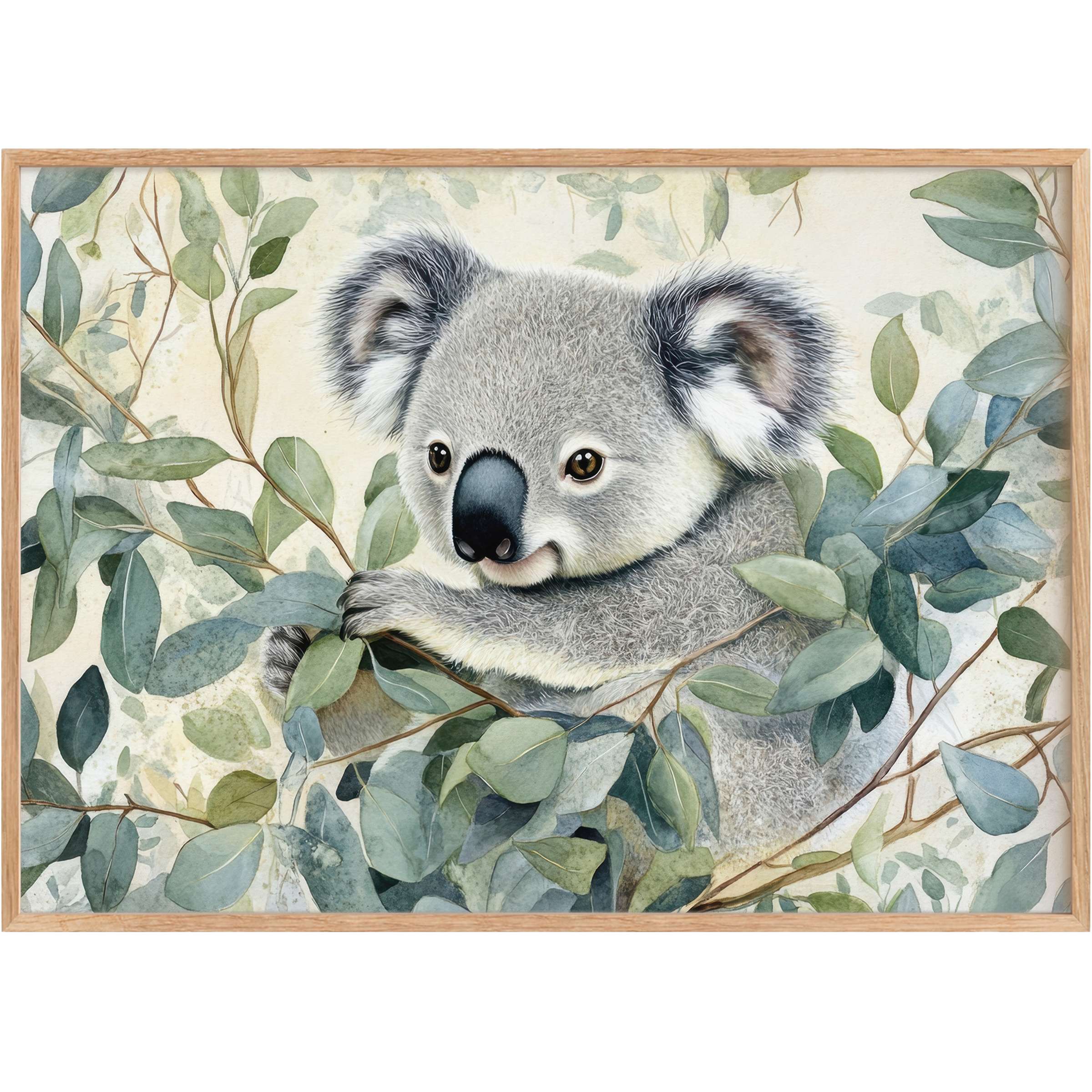 Adorable nursery printable wall art featuring a serene koala nestled in soft eucalyptus greens, evoking calm and natural warmth