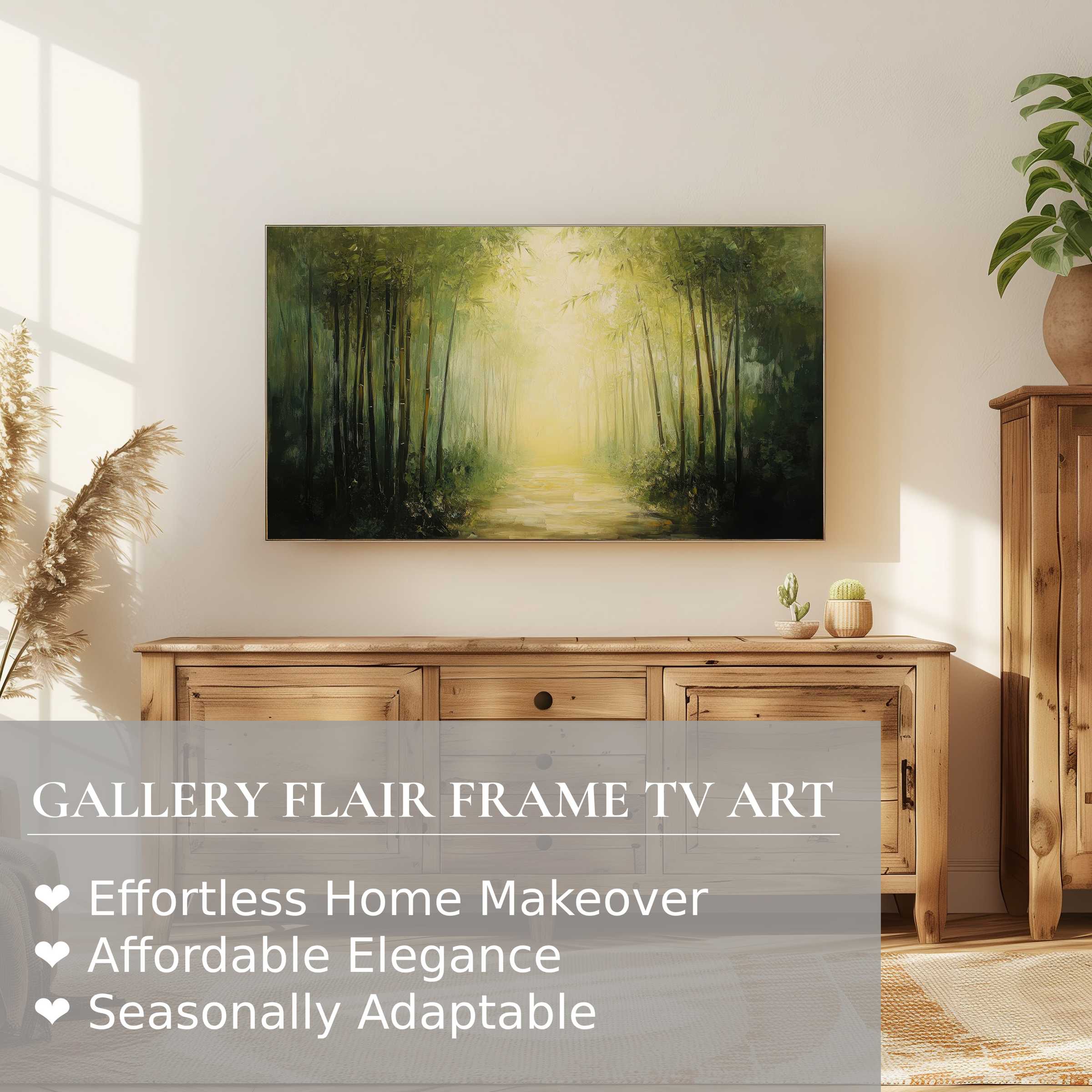 Samsung Frame TV displaying serene botanical digital artwork in a modern, sunlit room with natural wood decor
