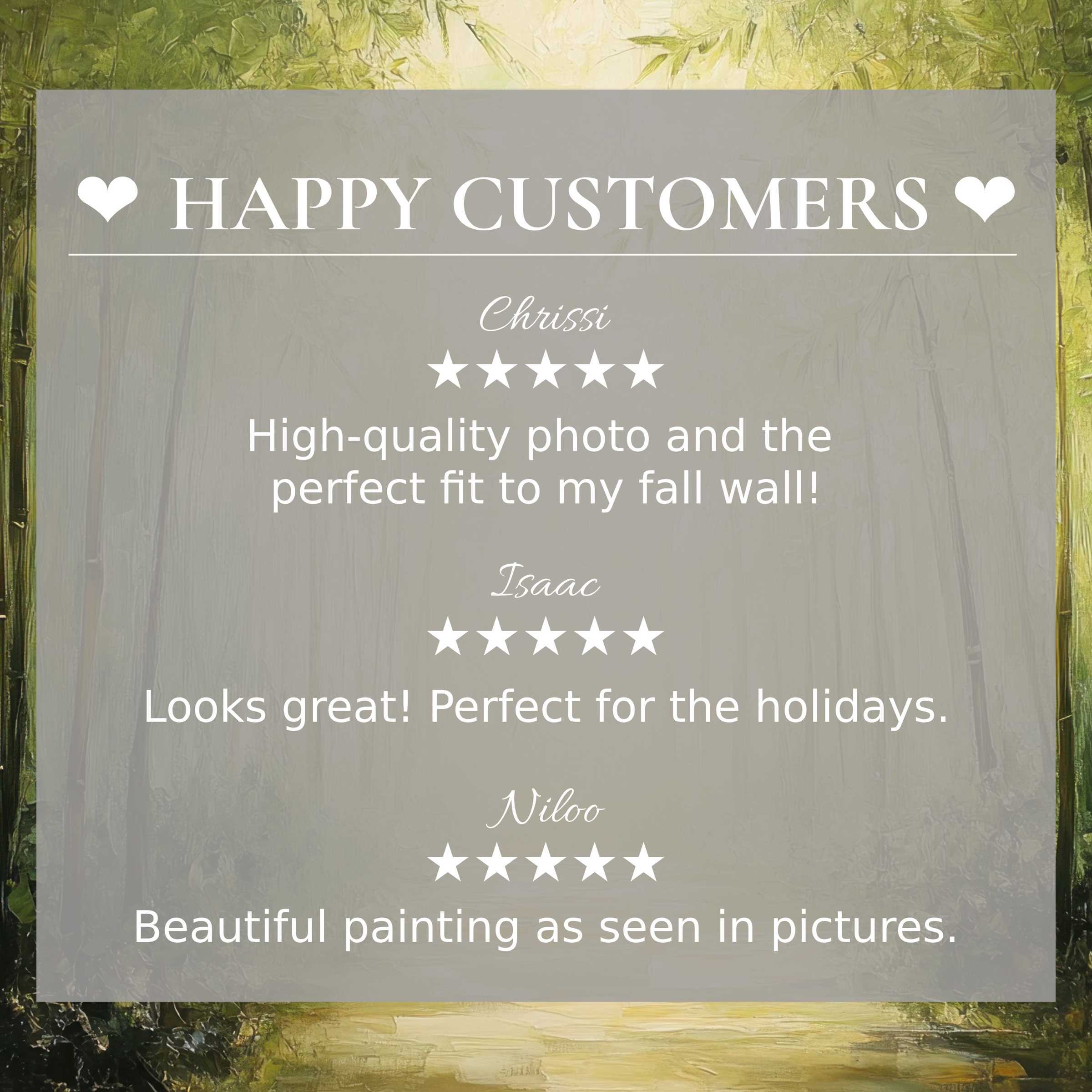 Elegant botanical art for Frame TV with lush green forest backdrop, showcasing happy customer reviews and refined trust