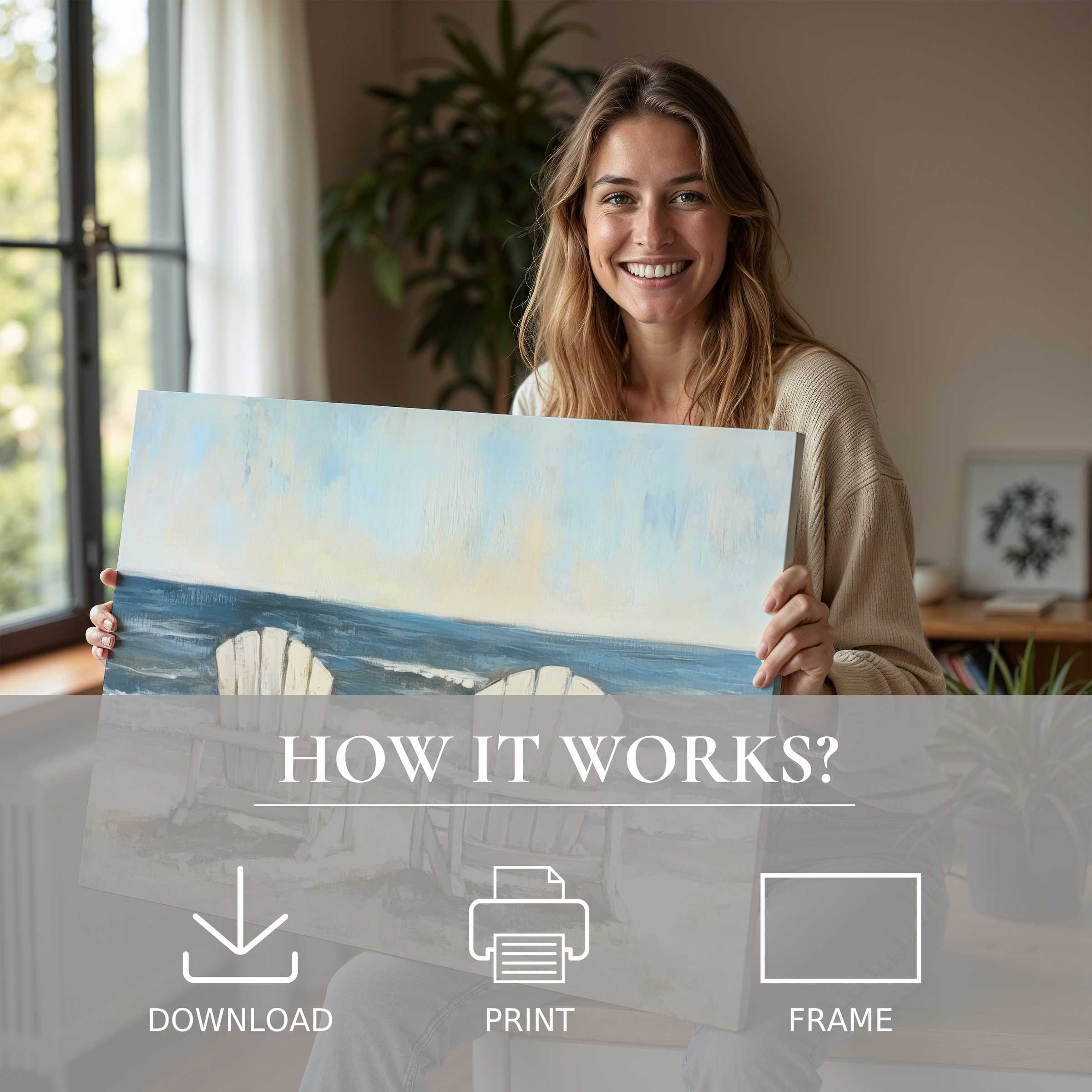 Graceful beach digital art print transforming serene moments into joyful connections within a modern, stylish home