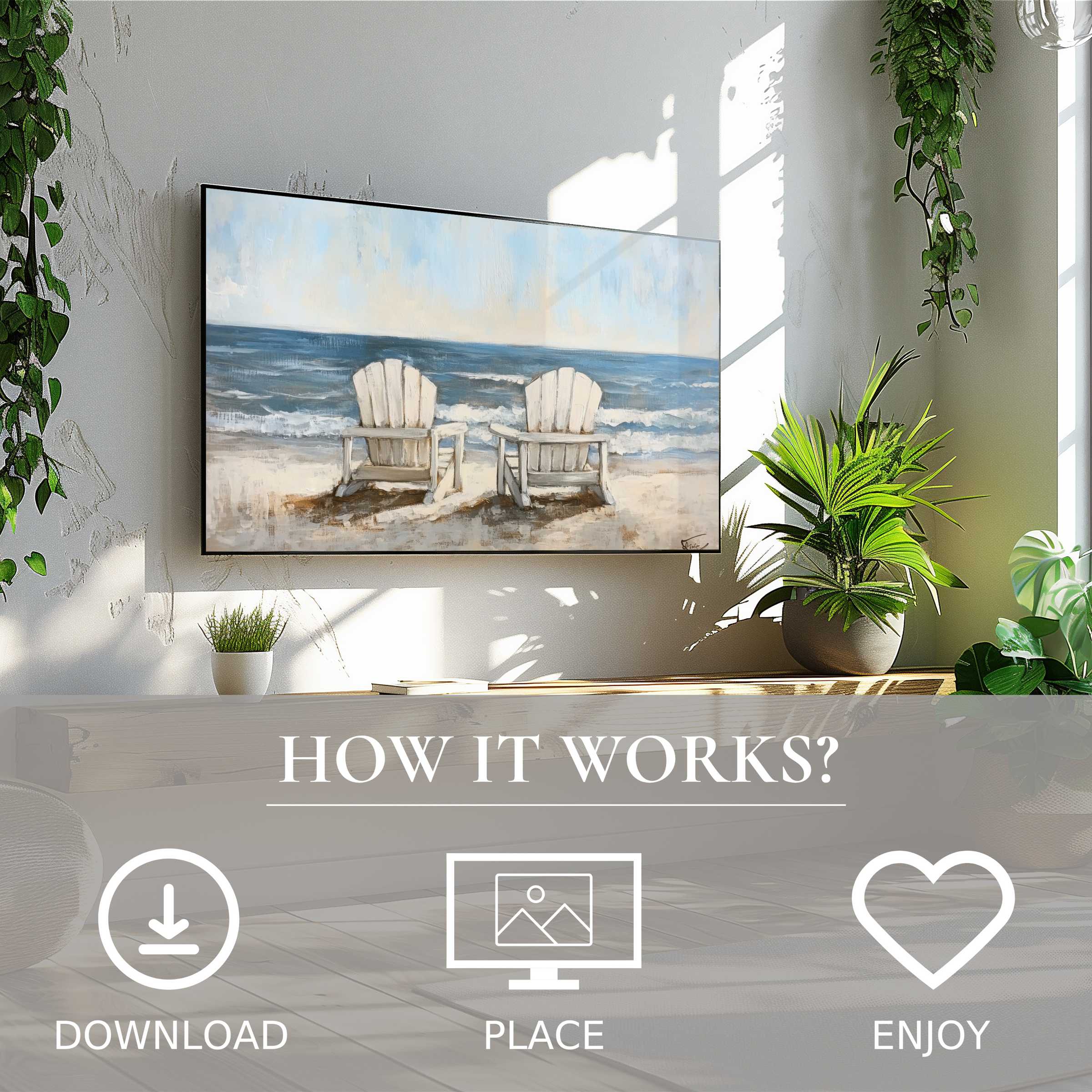 Sleek living room with beach art for Samsung TV, soft ocean tones, easy digital download, enhances modern decor