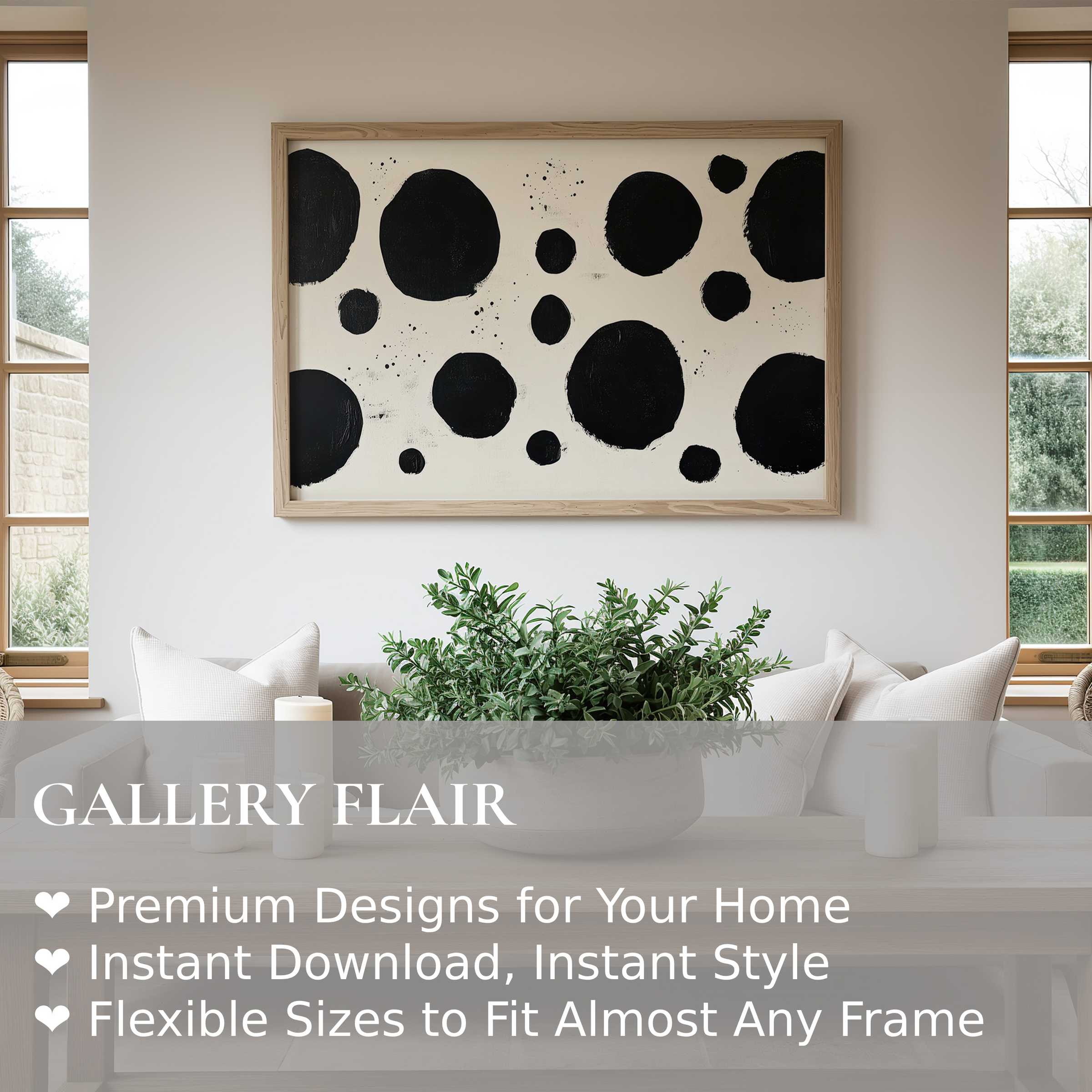 Minimalist wall art print featuring bold black circles on creamy white, enhancing modern Scandinavian interiors with striking monochrome elegance