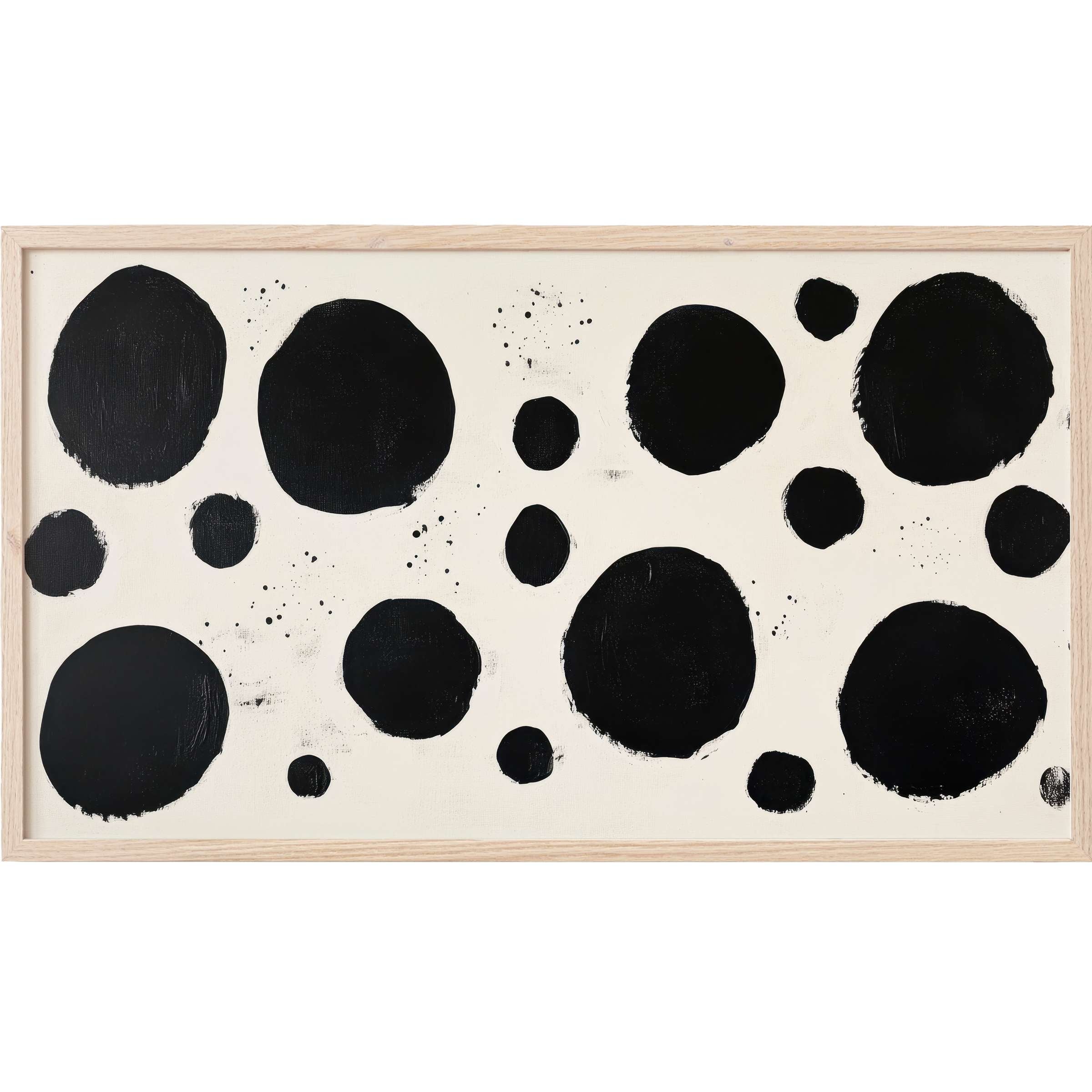 Minimalist Frame TV Art featuring bold black circles on a soft cream background, framed in natural wood