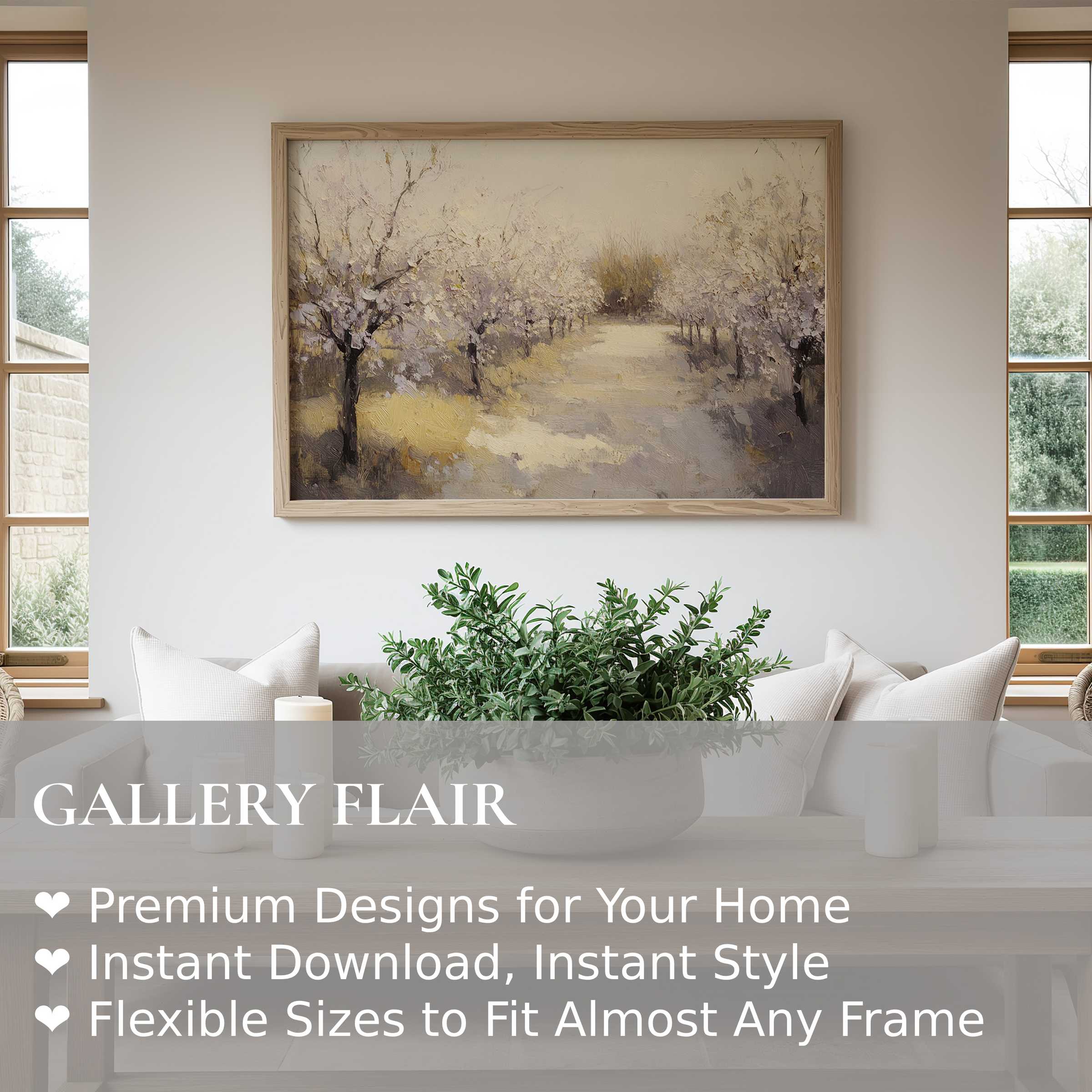 Vintage wall art print of a serene blossoming orchard path, radiating soft, calming elegance in a modern minimalist living space